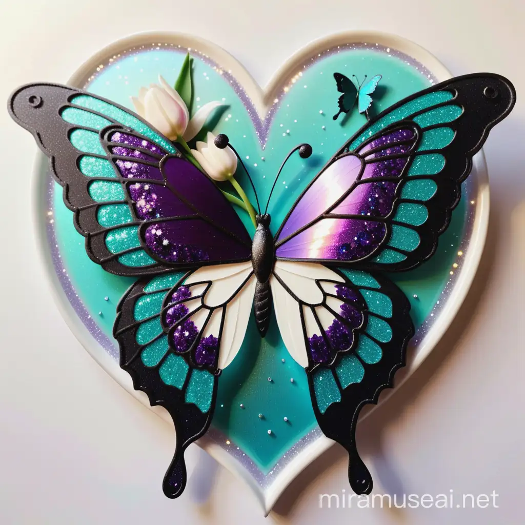 Lacey glitery heart, detailed wing butterfly, tulips, summer day, sun rays, glitter, sparkle, shine, glowing, deep dark purple, mother of pearl white, black, teal
