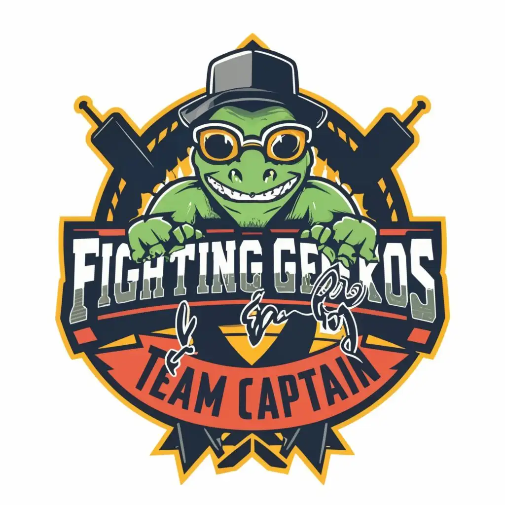 logo, Gecko with hat on head, glasses, with the text "Fighting Geckos TEAM CAPTAIN", typography, be used in Sports Fitness industry