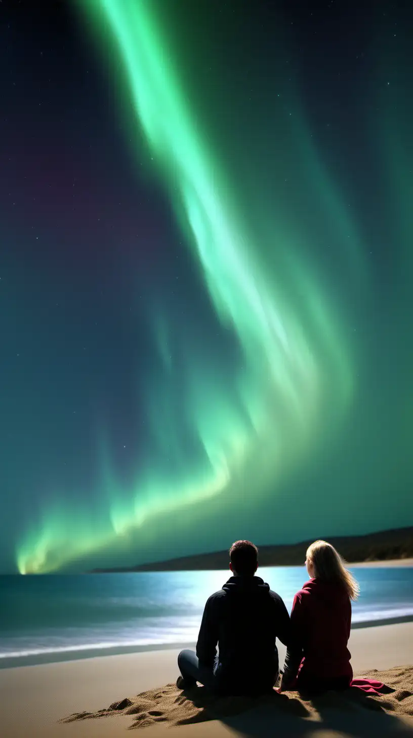 Couple Enjoying HyperRealistic Aurora Australis Beach View