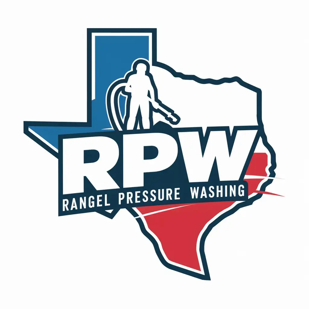 Design a dynamic and eye-catching logo for RPW, write the words Rangel Pressure Washing below the letters, add a pressure washing worker, The logo needs to show elements of pressure washing, fit all of this within a texas state drawing, only use colors blue white and red