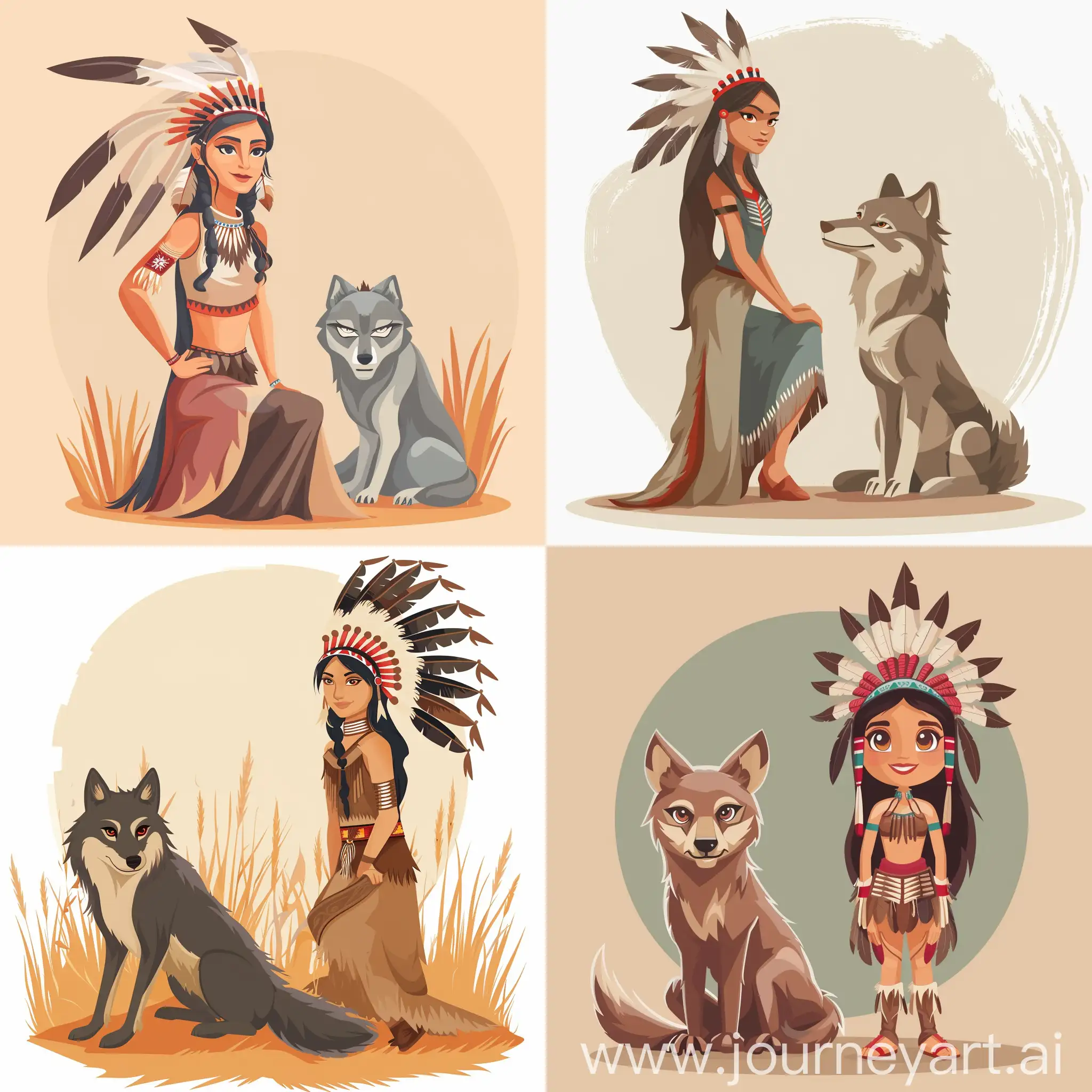 Native American woman with Native American headdress near sitting wolf, in cartoon flat style