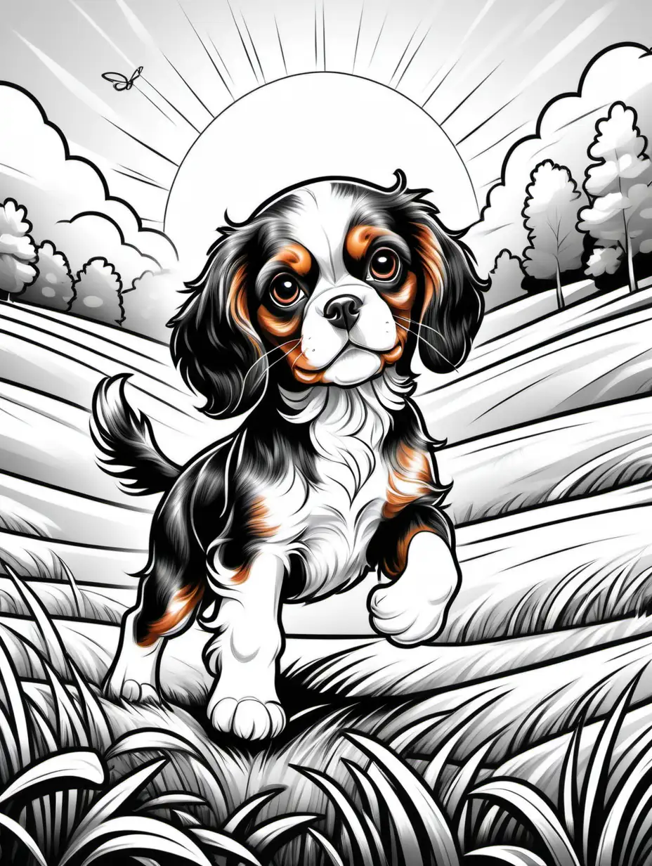 Generate an endearing and easy-to-color black-and-white line art illustration of a cute cavalier King Charles spaniel , puppy , all white, joyfully playing in a sunlit field for a delightful colouring page. Picture the puppy in a playful stride, with the sun casting a warm glow across the scene. Craft a lively and simple farm background, with swaying grass or blooming flowers. Aim for an overall heartwarming atmosphere that captures the energy and sweetness of the baby animal's playful run. The goal is to provide an exhilarating and accessible coloring experience for kids of various ages. Exclude intricate details, keeping the design charming and lively for a delightful coloring adventure 