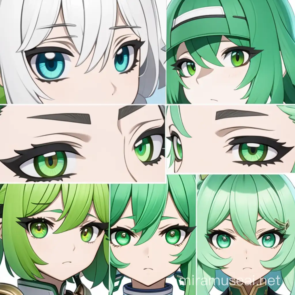 Female anime eye references, varying shades of green that fit in with the game Genshin Impact, 