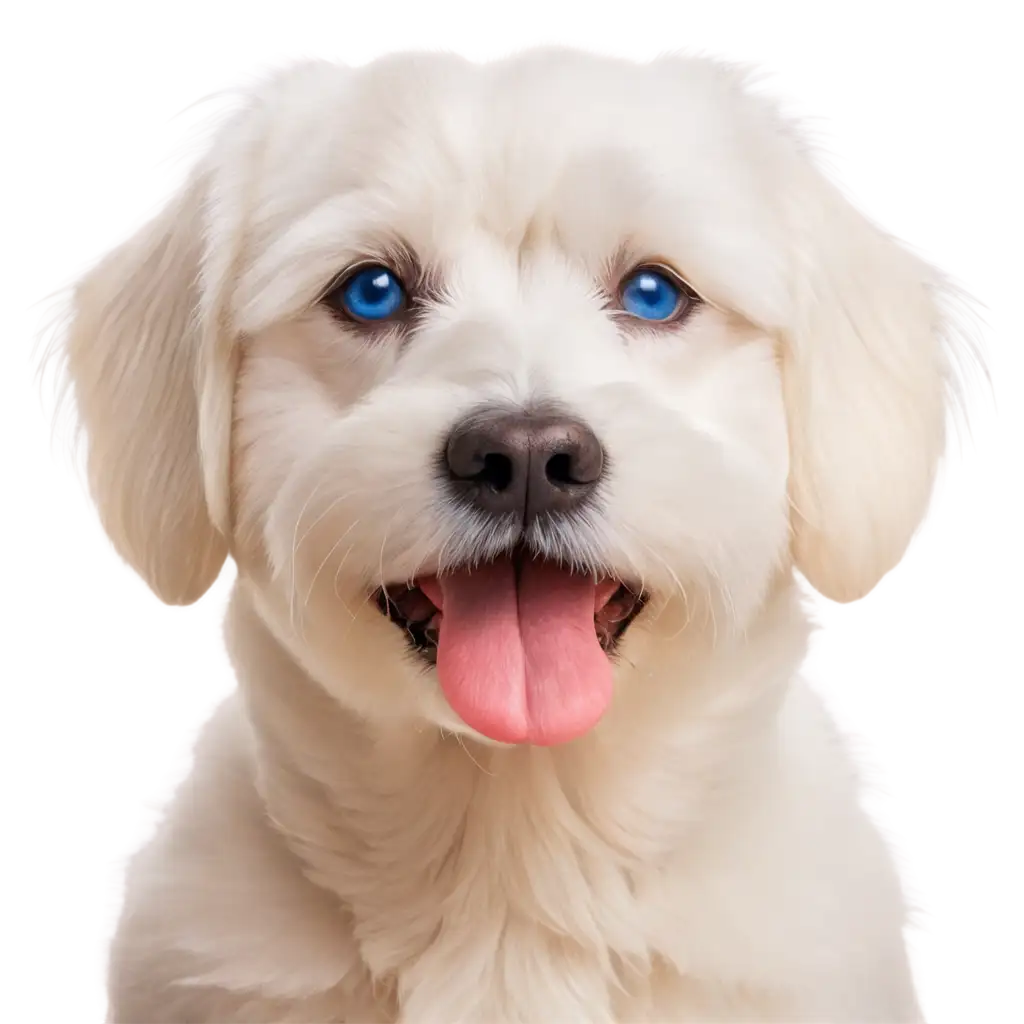 dog head, white Maltese, blue eyes, smiling,it has a tasty bone in its mouth