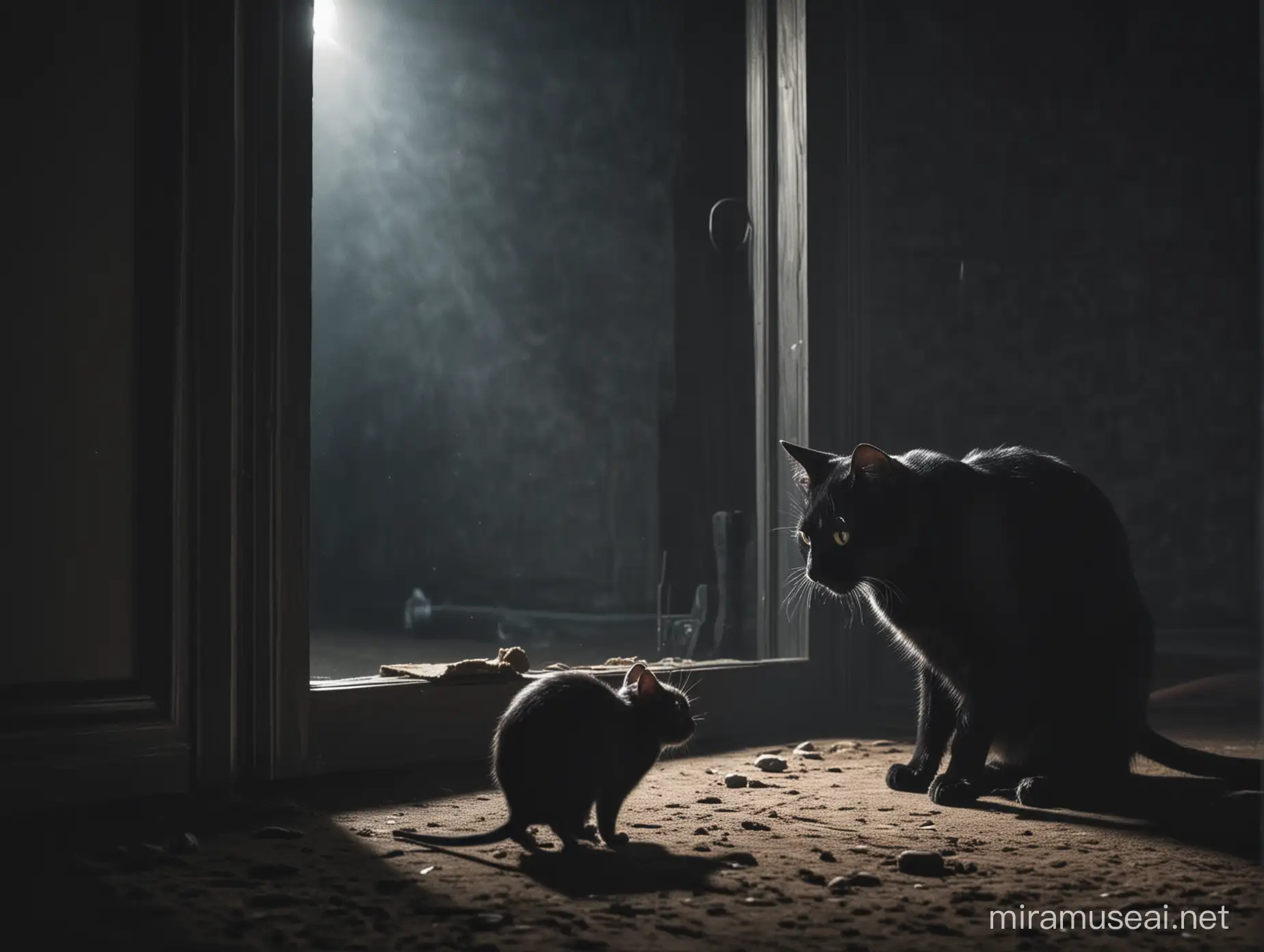 Un gato negro viendo a un ratón dentro de una habitación oscura en la noche.