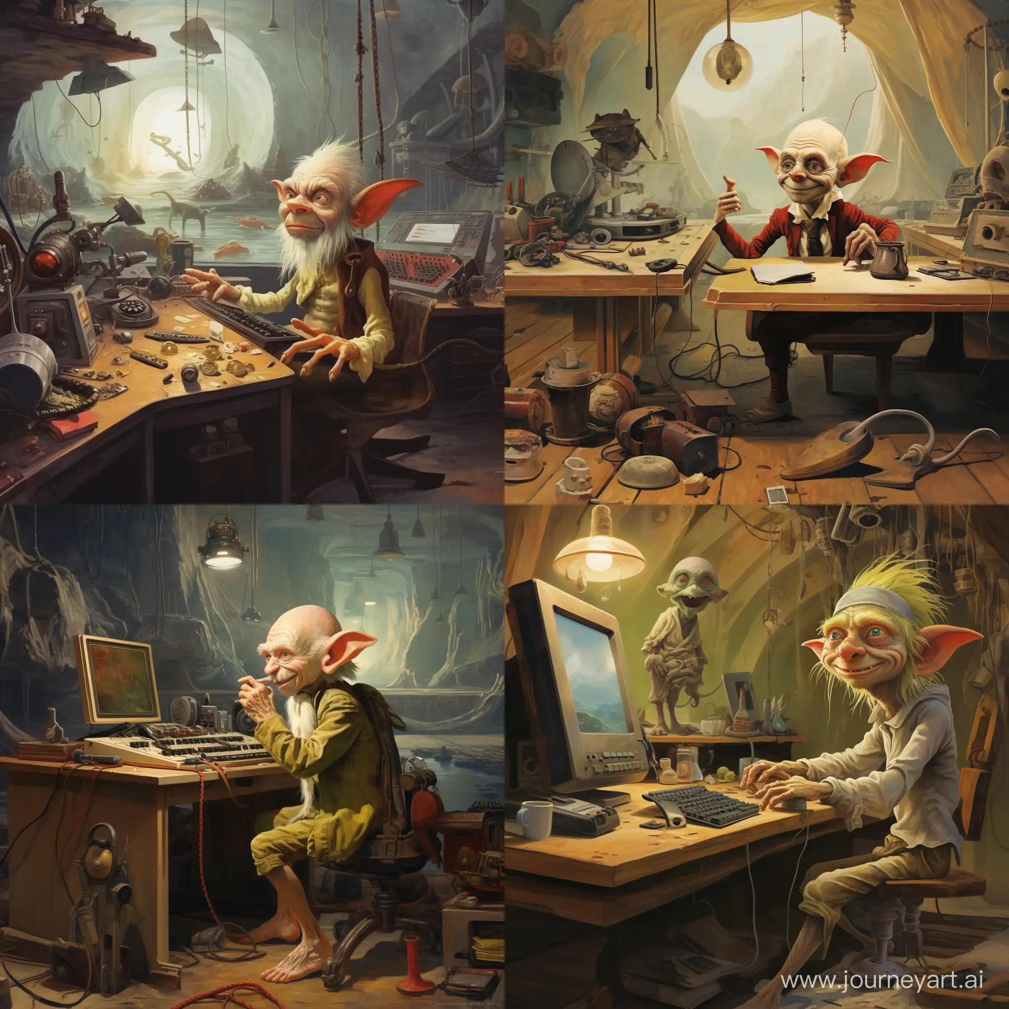 like an edvard munch painting a sad and smiling scandinavian goblin nisse is playing the flute and dancing on the table in an interior futuristic office in which there is a lot of computers, spaceship controls and steampunk computermonitors in the office