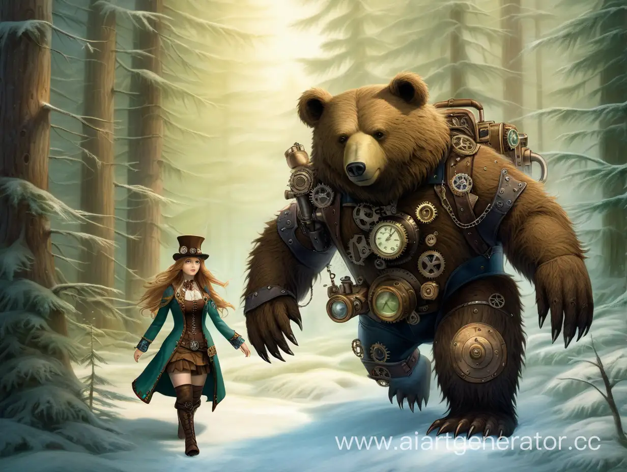 дух леса идущий сквозь тайгу вместе с медведем стимпанк

