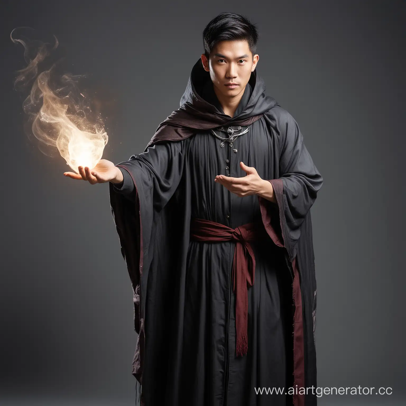 Asian-Mage-Casting-Spell-with-Cloak-and-Bag
