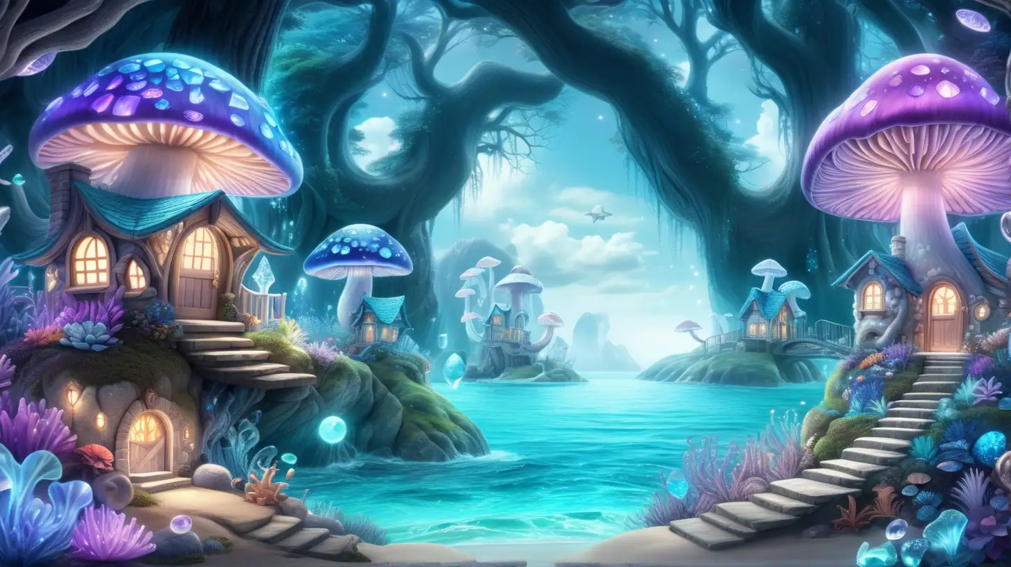 magical forest surrounding  an ocean and sky and clouds and glowing books of white, blue, and neon purple with gemstone mushroom houses that have doors and windows in them and gemstone flowers and glowing, glimmers fantastical glowing trees and crystals and pearls with corals