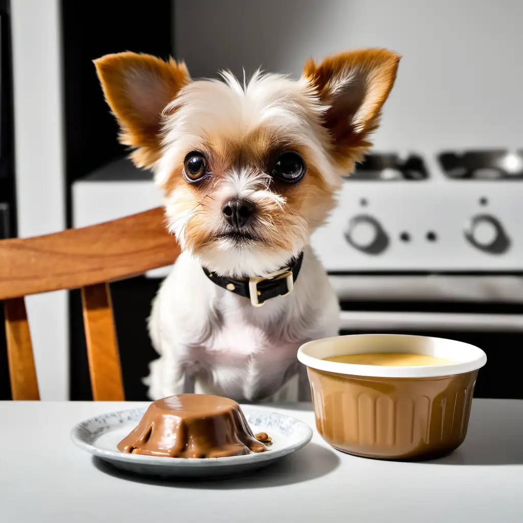 small dog looking at a bowl of pudding
