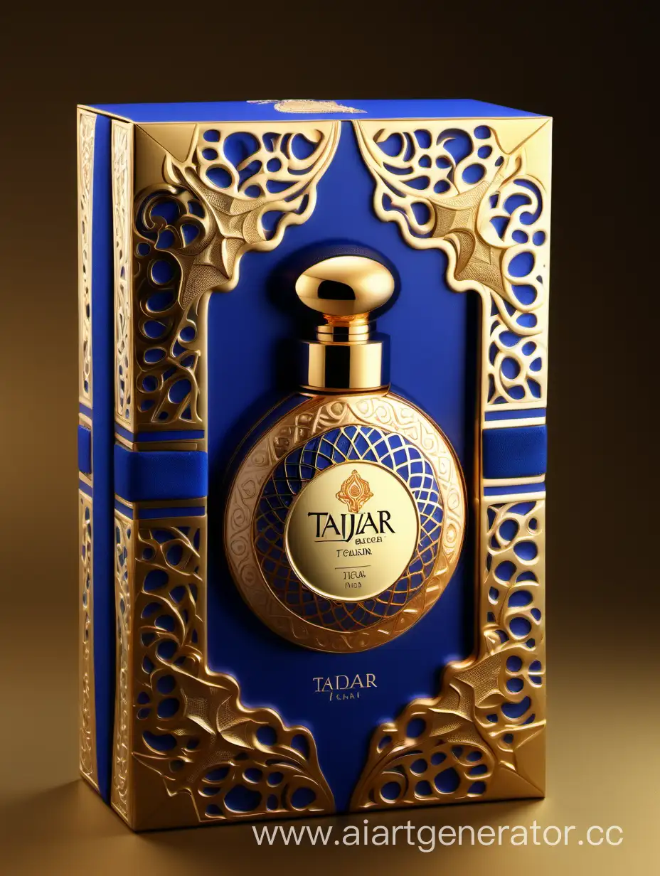 Luxurious-TAJDAR-Perfume-Box-Design-in-Gold-Royal-Blue-and-Beige