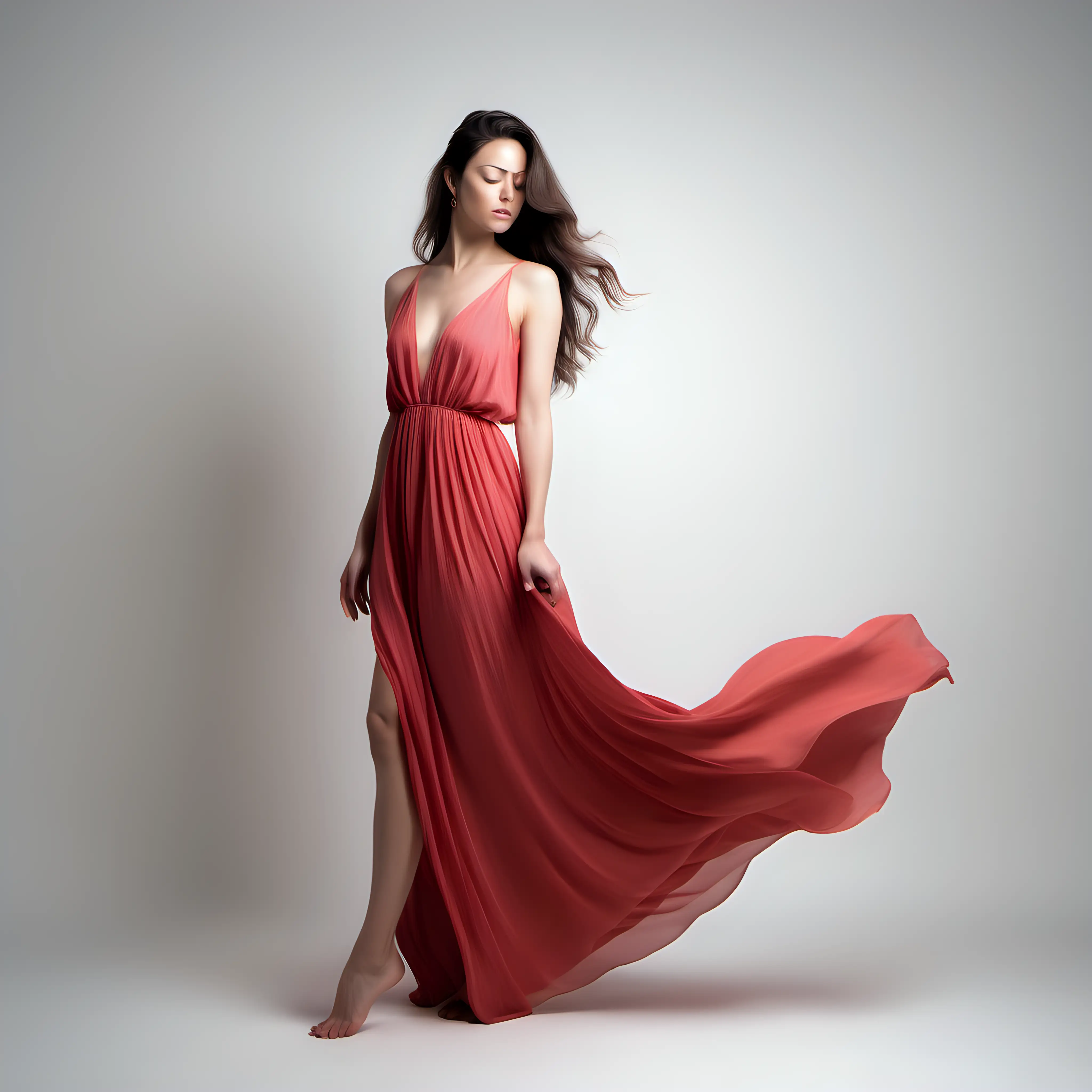 full body pose of a model type woman with even lighting, in long flowing pastel red dress looking down with a  White Background