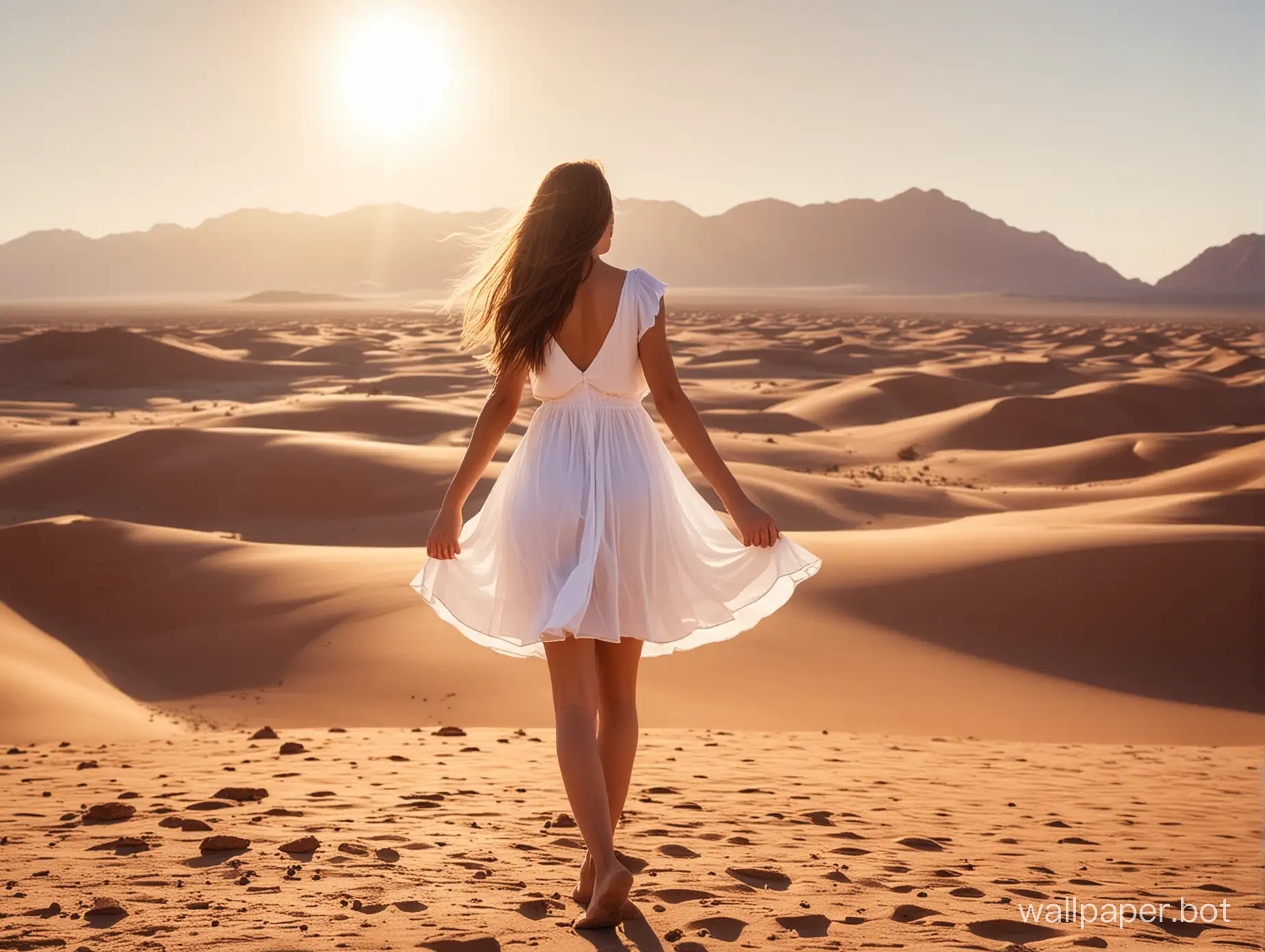 girl 18 years old in white short dress, dessert mountain background, sahara, full length, view from behind. lens flare