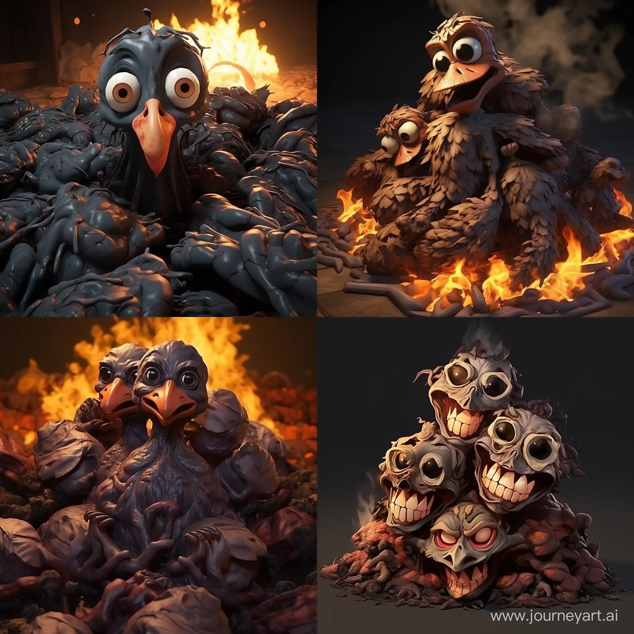 a small bunch of charred chicken carcasses piled in a pile, cartoon characters, military uniform, cartoon style big eyes, 3D modern cartoon style, gorgeous light and shadow, detailed design, 3d rendered, detailed