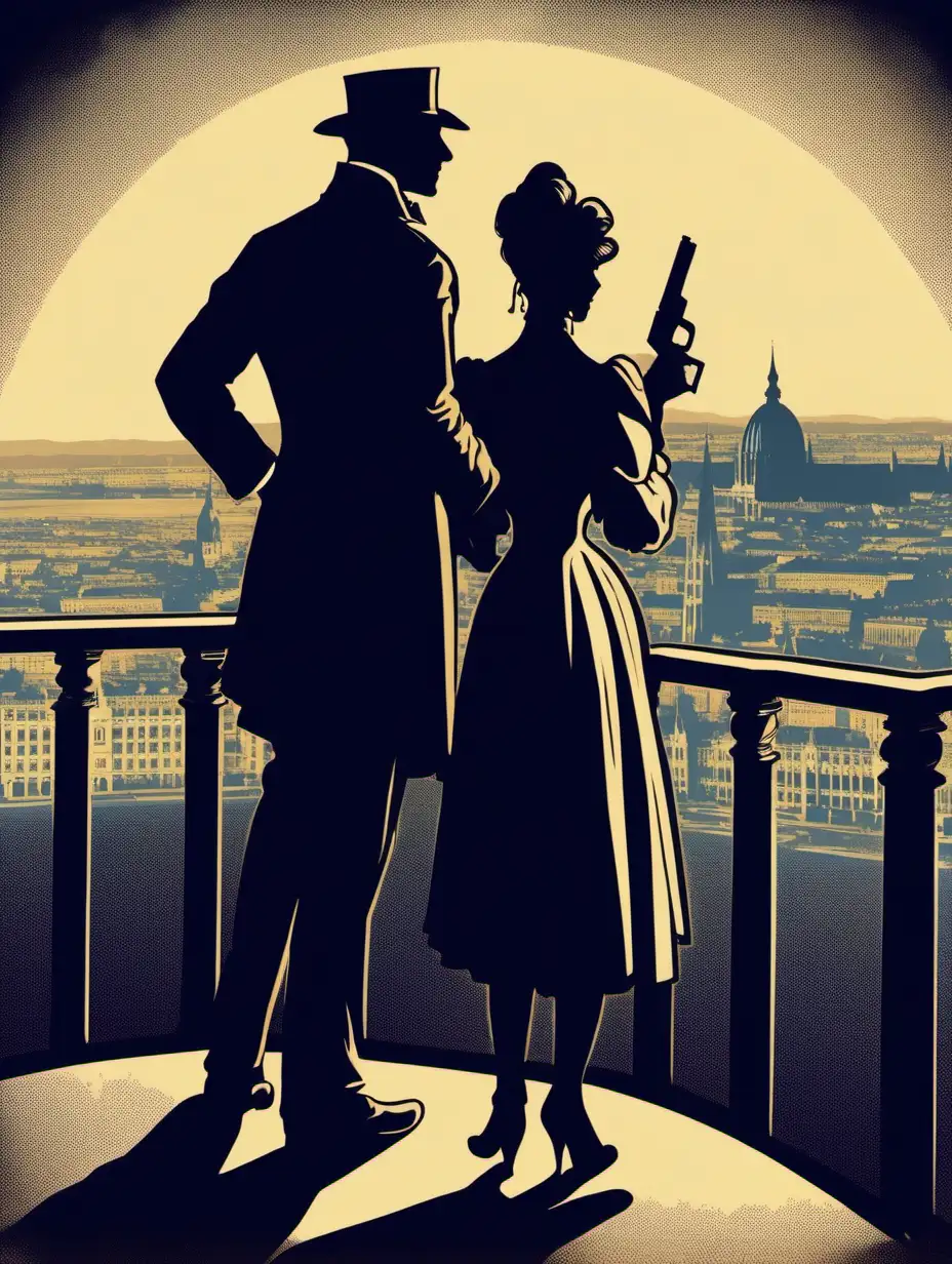 screen print of an aristocrat in 1900 looking over his shoulder at a suspicious woman who is holding a pistol, screen print silhouette of Budapest skyline in the background, illustration style