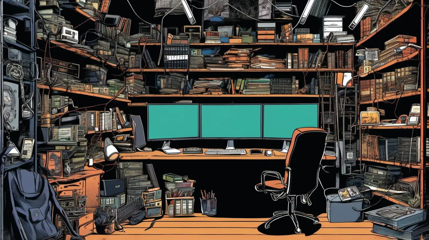 A hacker's lair cluttered with monitors, hardware components, and stacks of reference books, showcasing the hacker's environment.