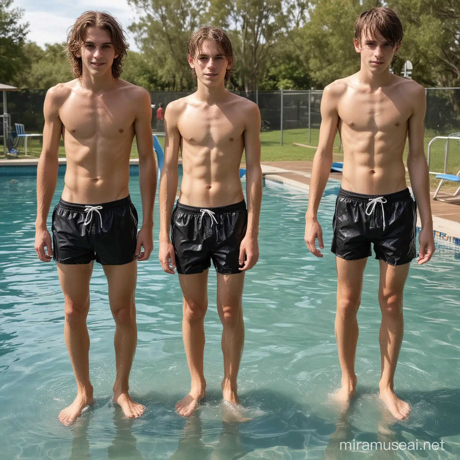 Teen Boys Playfully Swimming in School Pool in Wet Clothes