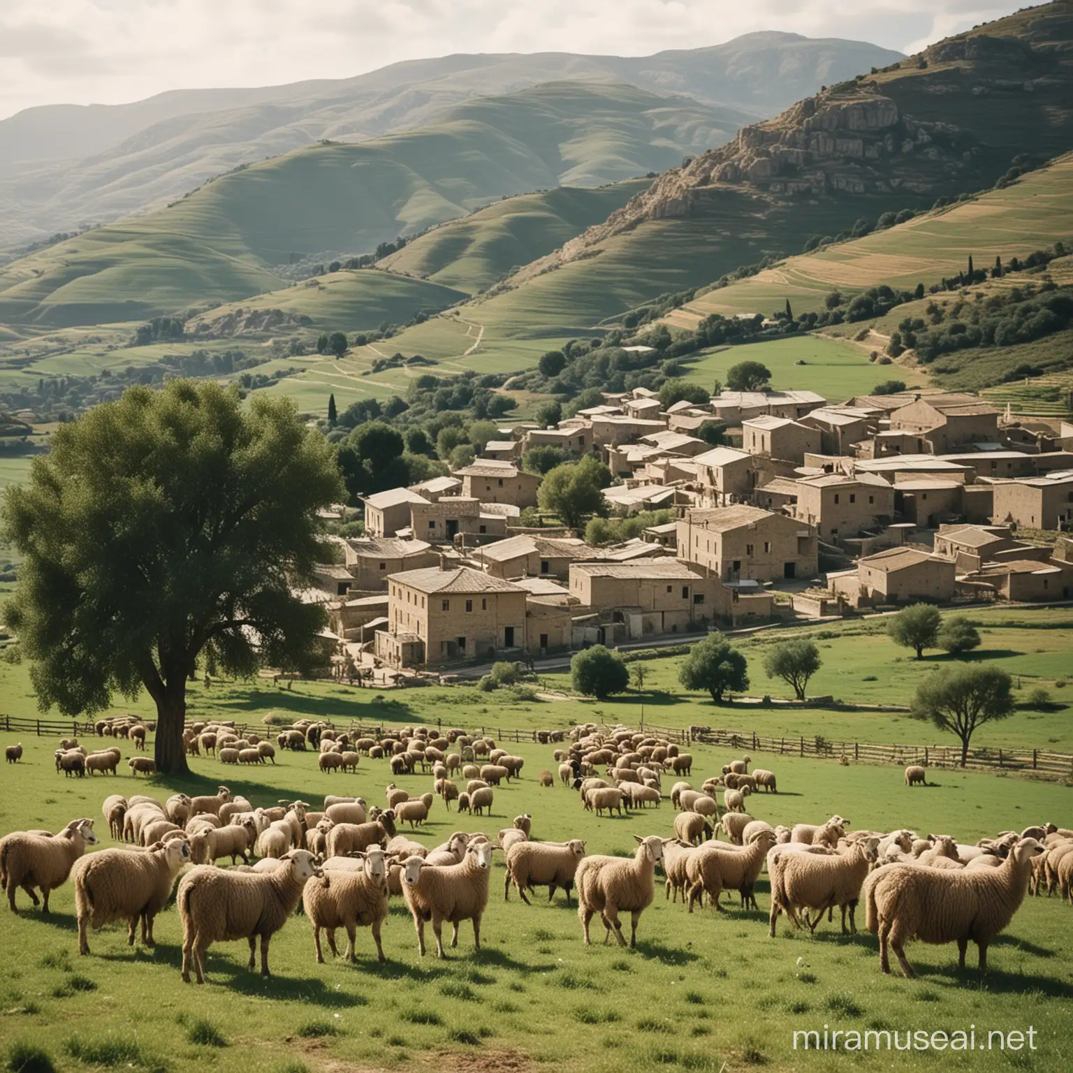 A stunning, vintage color photograph captured with a 200mm lens, showcasing a Sicilian sheep and goat farm in the 1950s. The image captures the essence of rural life, with a vast landscape of rolling hills dotted with sheep and goats grazing. The farmhouses and buildings appear quaint and traditional, with a few trees dotting the landscape. The overall atmosphere is serene, evoking a sense of nostalgia and timeless beauty.