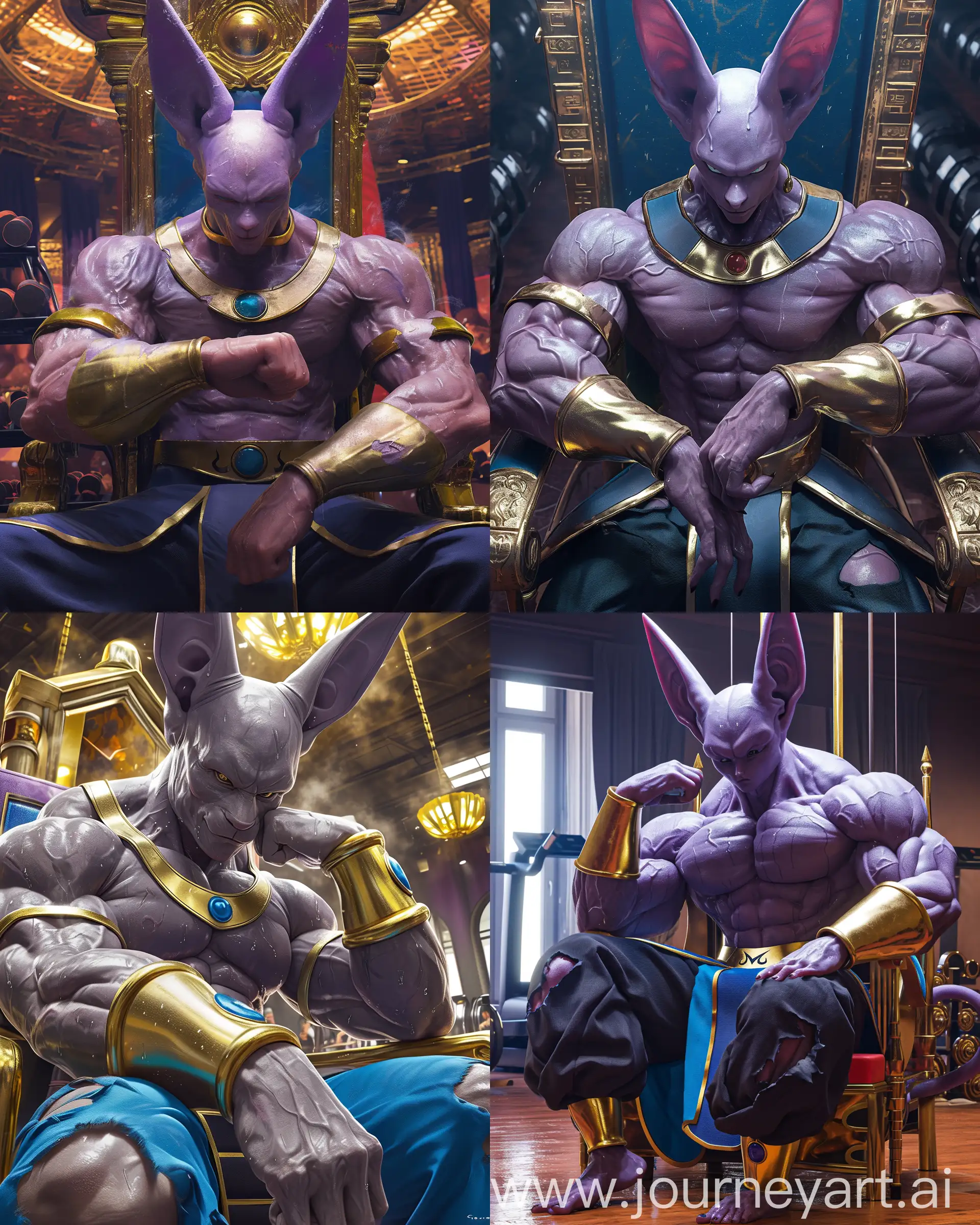 full body wide view zoom out angle real portrait real lord beerus  from Dragon Ball World with large pump muscles He sits on a throne in the gym with different powerful hand pose, large neck and wide shoulder muscles and thick veins, looks so strong and aggressive, torn clothes, sweating with shiny skin, wet clothes, sweating, high luxury gym, depth-of-field, he still lord beerus from dragon ball world, lord beerus head, lord beerus outfit, handsome lord beerus, 32k UHD HDR super crispy detail hyperrealistic, hyperrealism, --ar 4:5 --niji 6