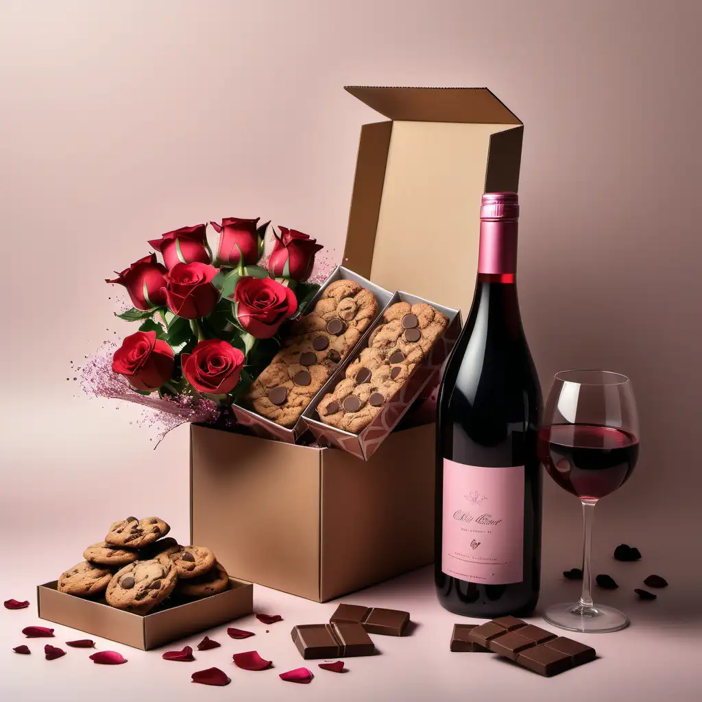 a brown kraft box giftbox  with chocolate bars, a candy jar and chocolate chip cookies inside the box. a sparkling rose bottle and a wine glass beside each other and flower petals. hyperealistic images.