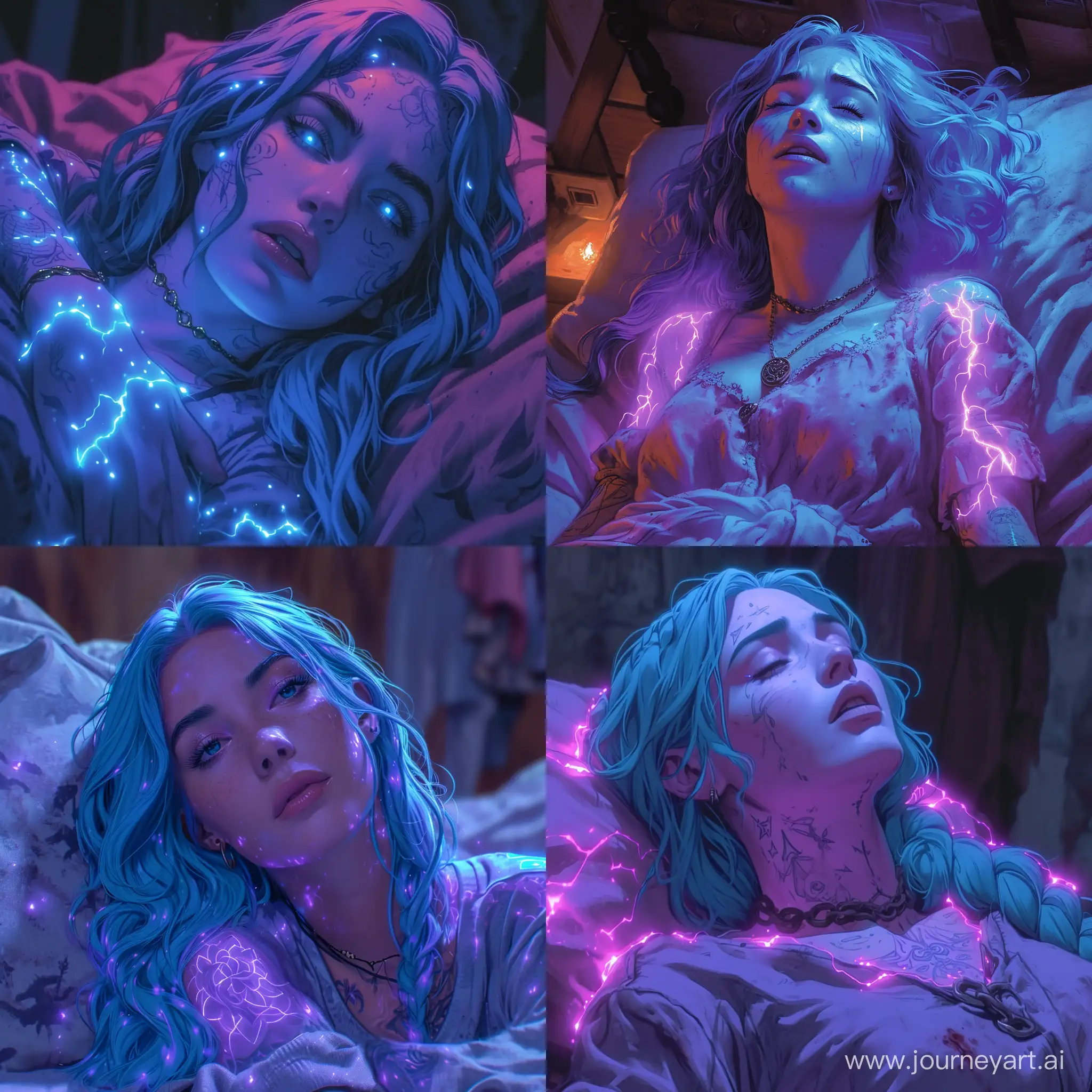A bioluminescent comic art illustration of blue haired woman with glowing tattoos lying in her bed | visible strain etched across her face | tense atmosphere | purple ethereal beauty | otherworldly light | vivid colors and intricate details | epic confrontation between light and darkness  --s 800 --style raw