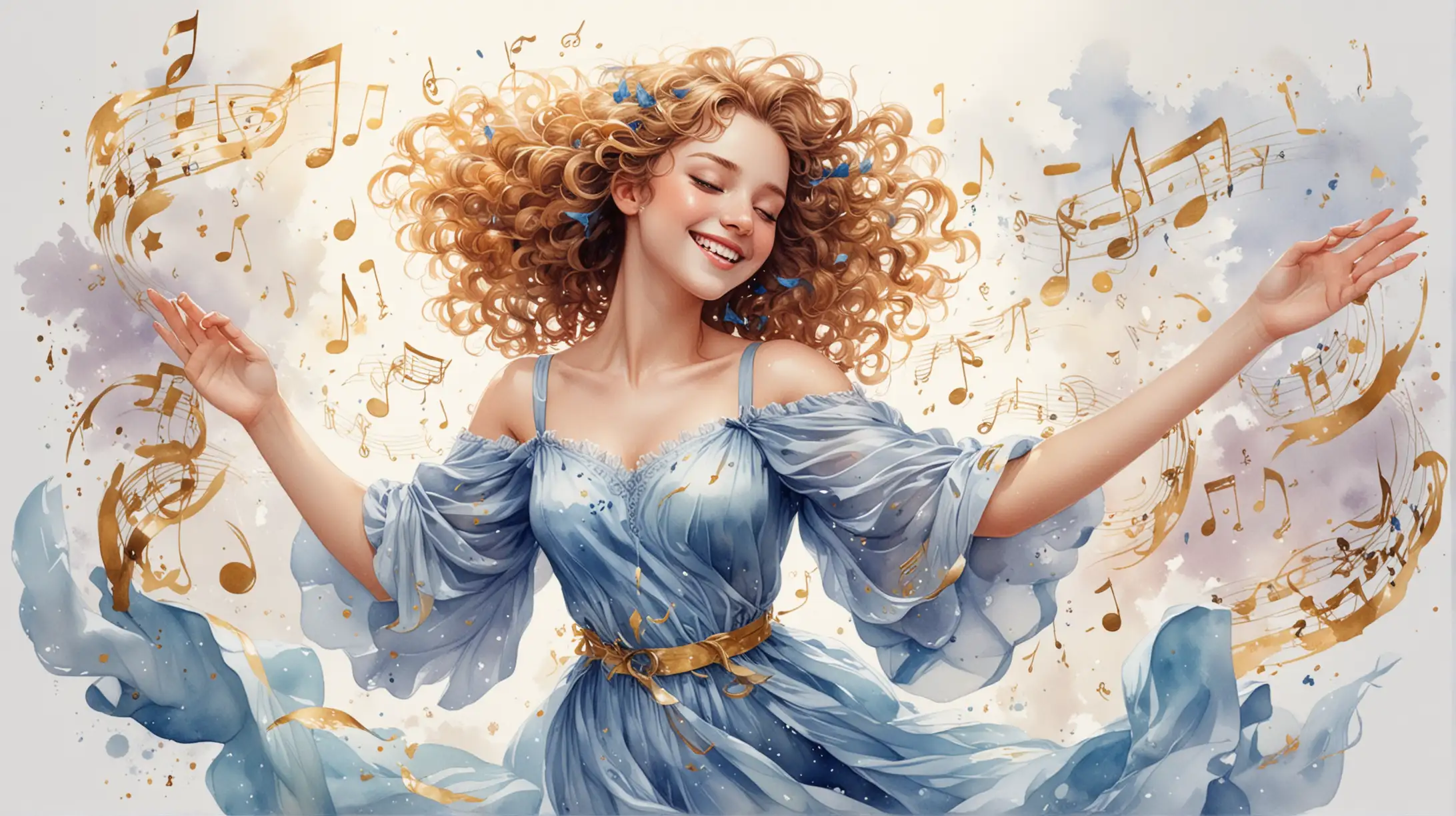 on a white background, painted in watercolor in anime style, the girl muse Euterpe in a light flying havenly blue dress, a happy smile, colorful notes fly out of developing hair, wings from notes, wind, flight, holds a treble clef in elegant palms, inspiration, fantasy, music, curly gold ribbons of black notes