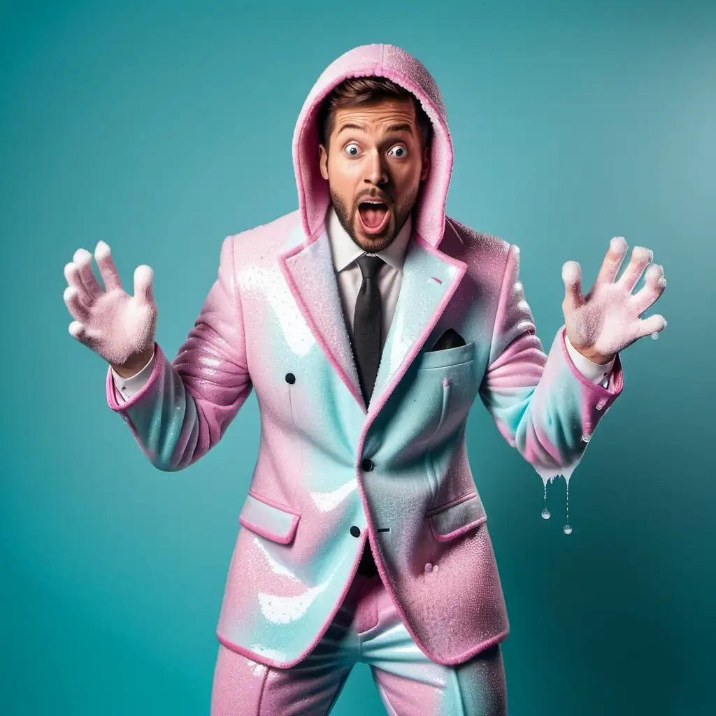 create me an image of a man in a Slushy suit with a surprised expression
