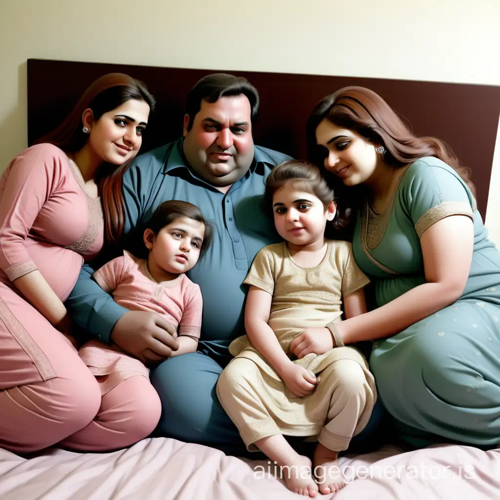 a pakistani fat husband and slim wife with their 2 daughters of age 1.5 year and 4 months, laying on bed and chatting