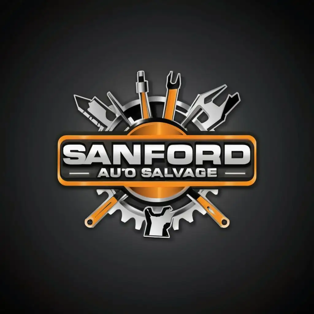 a logo design,with the text "SANFORD AUTO SALVAGE", main symbol:TOOLS CAR PARTS,Moderate,be used in Automotive industry,clear background