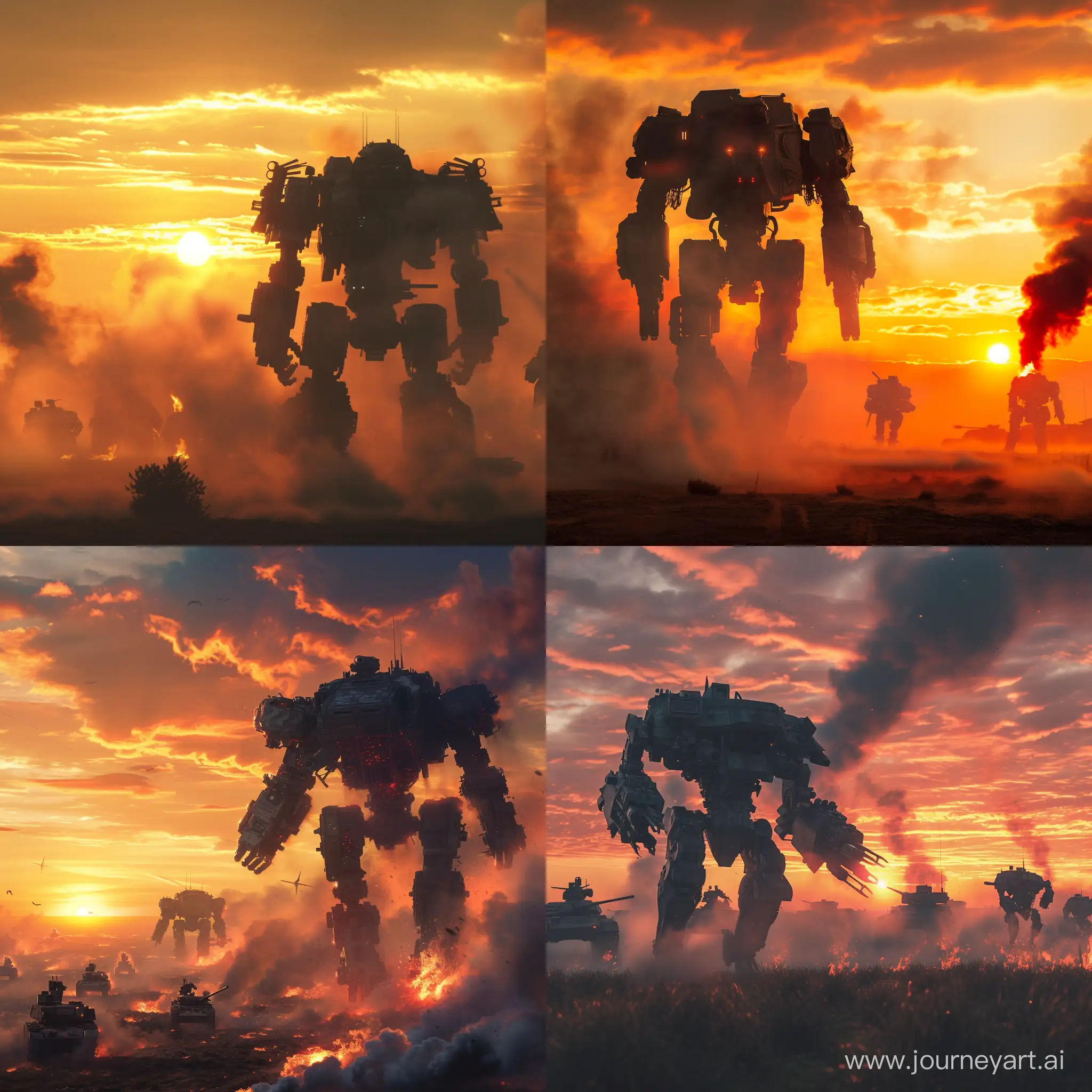 Marauder-Combat-Mech-in-Smoky-Battlefield-at-Sunset