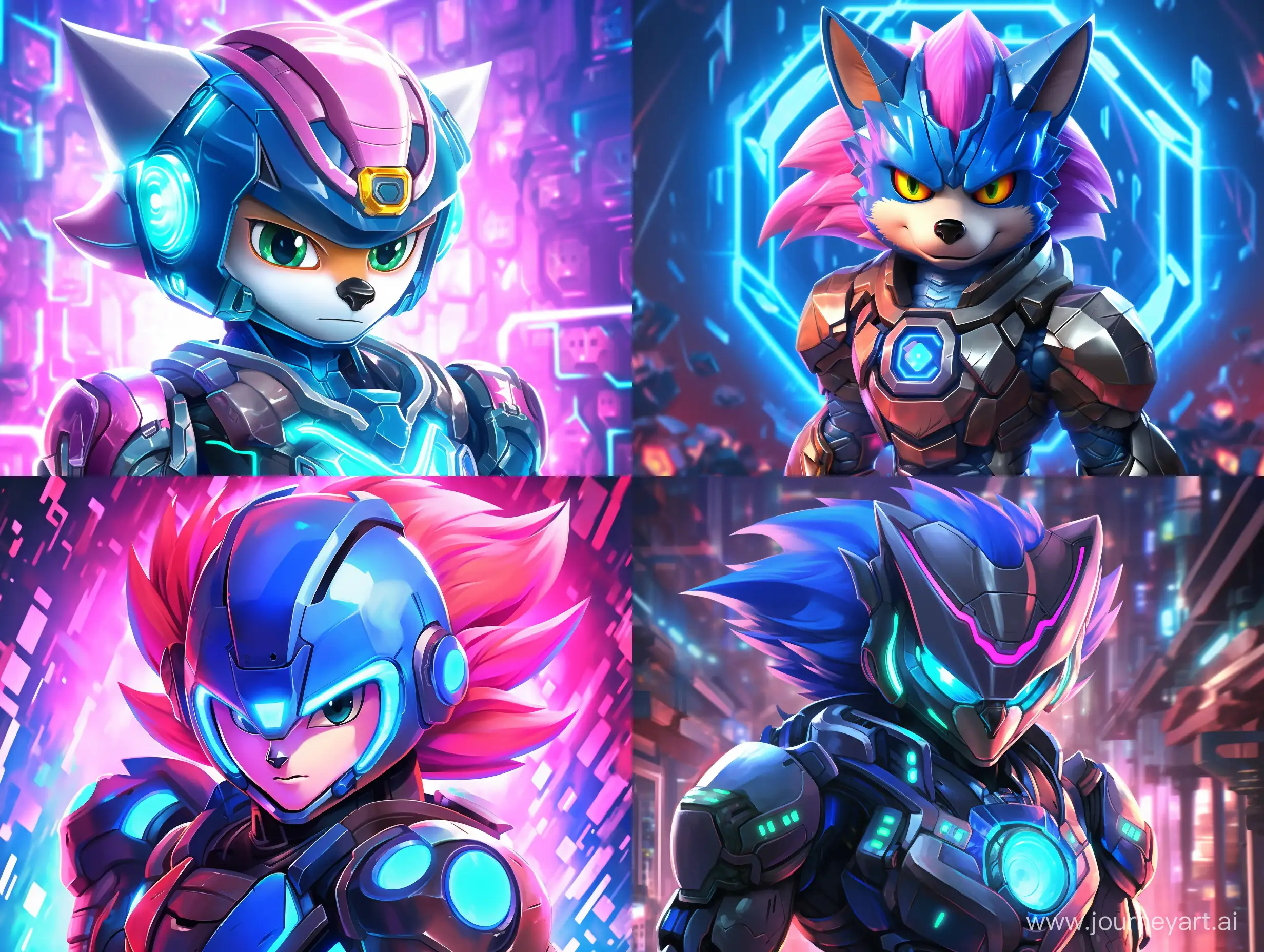i need a new version of sonic the hedgehog, technologic, cyborg looks, with a gradient color of green - blue and a light pink, a blockchain background
