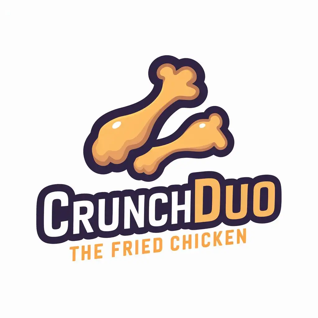 logo, The logo features two stylized chicken drumsticks, one slightly larger than the other, positioned in a dynamic and appealing way to convey a sense of movement and flavor. The drumsticks are golden-brown with crispy texture details. Above the drumsticks, the business name "CrunchDuo" is written in bold, playful font with a hint of crunchiness to it. The color scheme is warm and inviting, with shades of golden brown and orange to evoke the deliciousness of fried chicken., with the text "CruncDuo", typography, be used in Restaurant industry