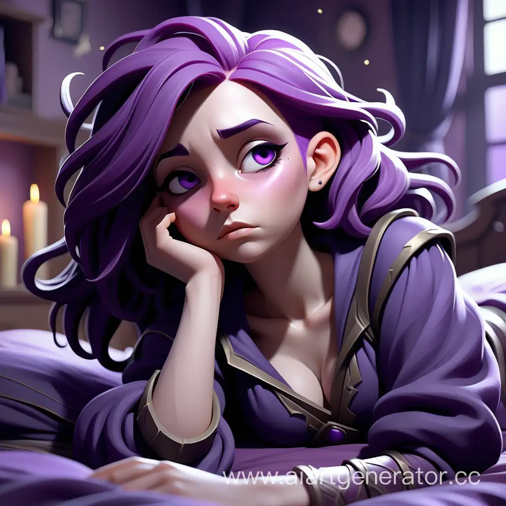 Красивая девушка, с фиолетовыми волосами, в фиолетовой одежде, спит, мечтает, видно комнату, спит, боевой маг, видно всю комнату
