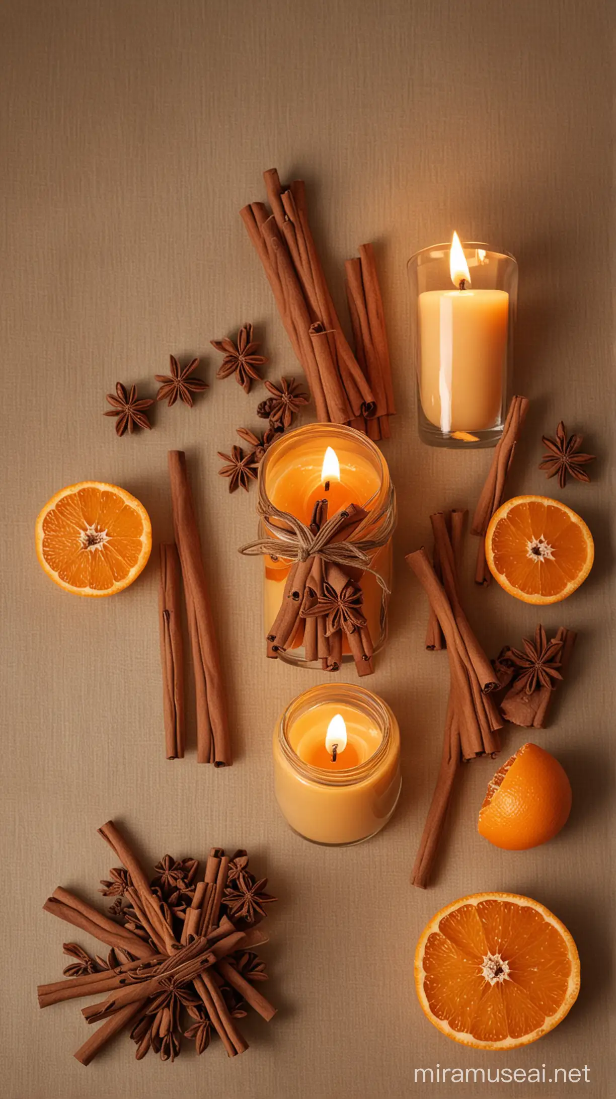 Создайте изображение ароматической свечи, которая освещает уютную комнату, окруженную сушеными апельсинами и коричными палочками. Подчеркните атмосферу уюта и спокойствия, передавая натуральные ингредиенты и нежные оттенки цвета."