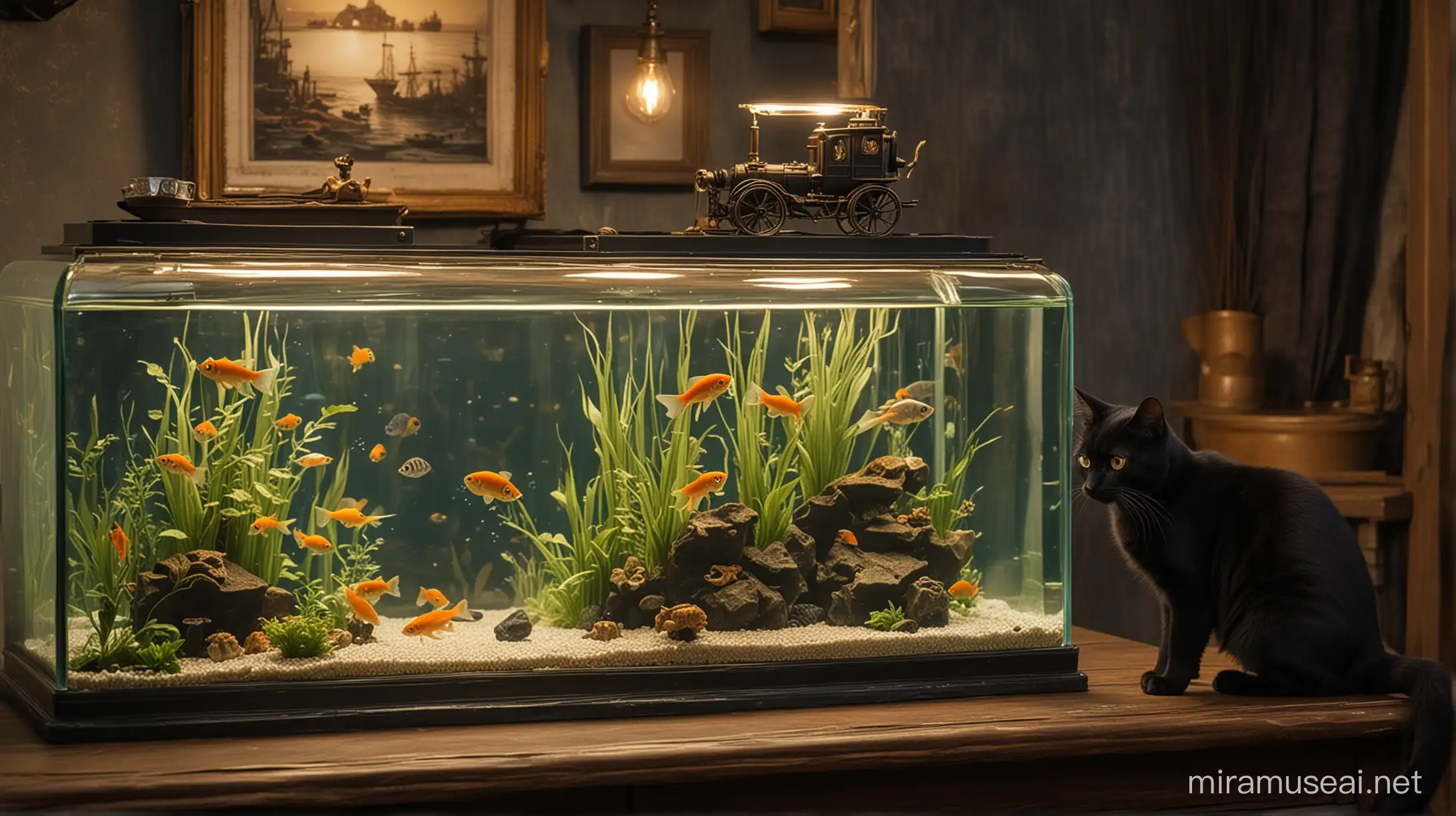 an orange cat and black cat look at small golden fish in an aquarium on a table in a steampunk living room