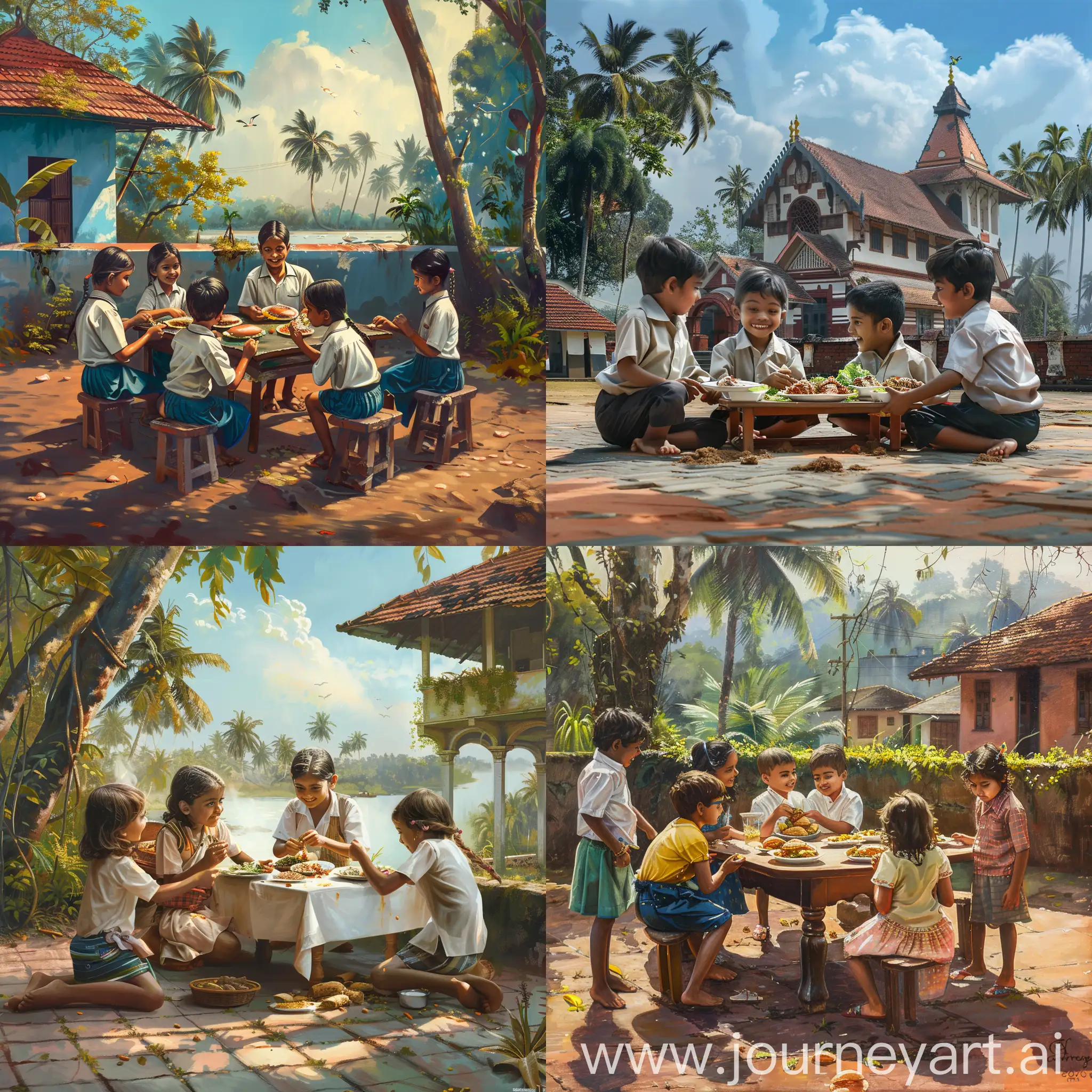 realistic image of old Kerala school with beautiful background and five kids having lunch together 
