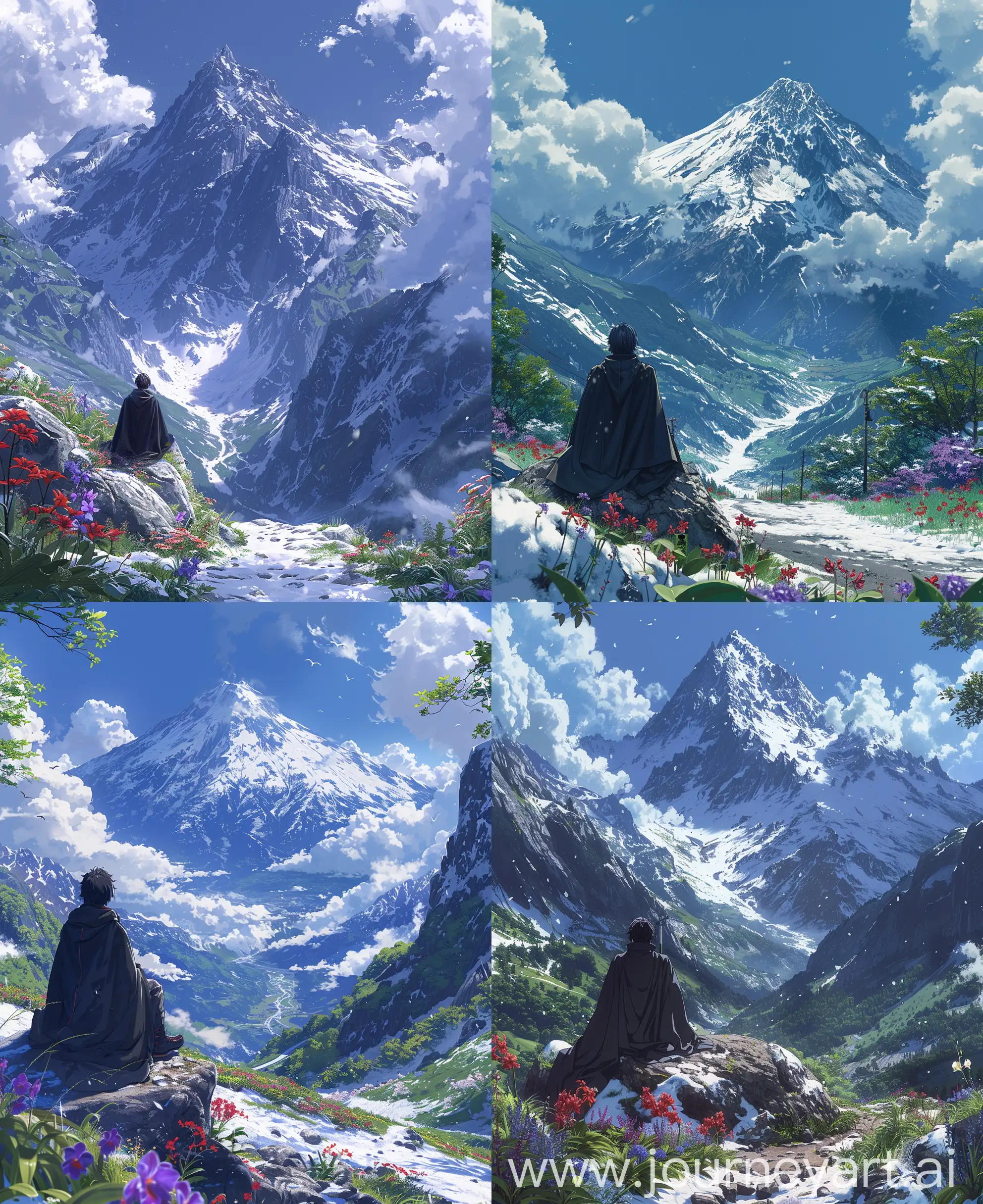 Anime-Illustration-Summer-Mountain-Road-with-Snowy-Peaks-and-Orchids