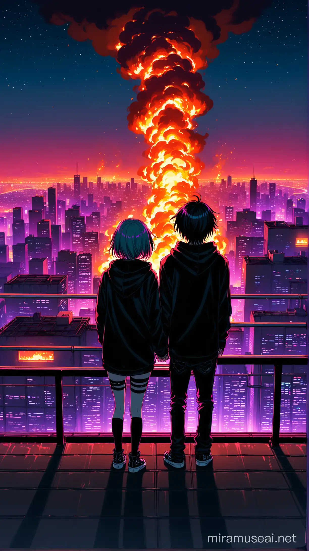 A teenage emo couple standing on a roof looking out over a burning neon city at night