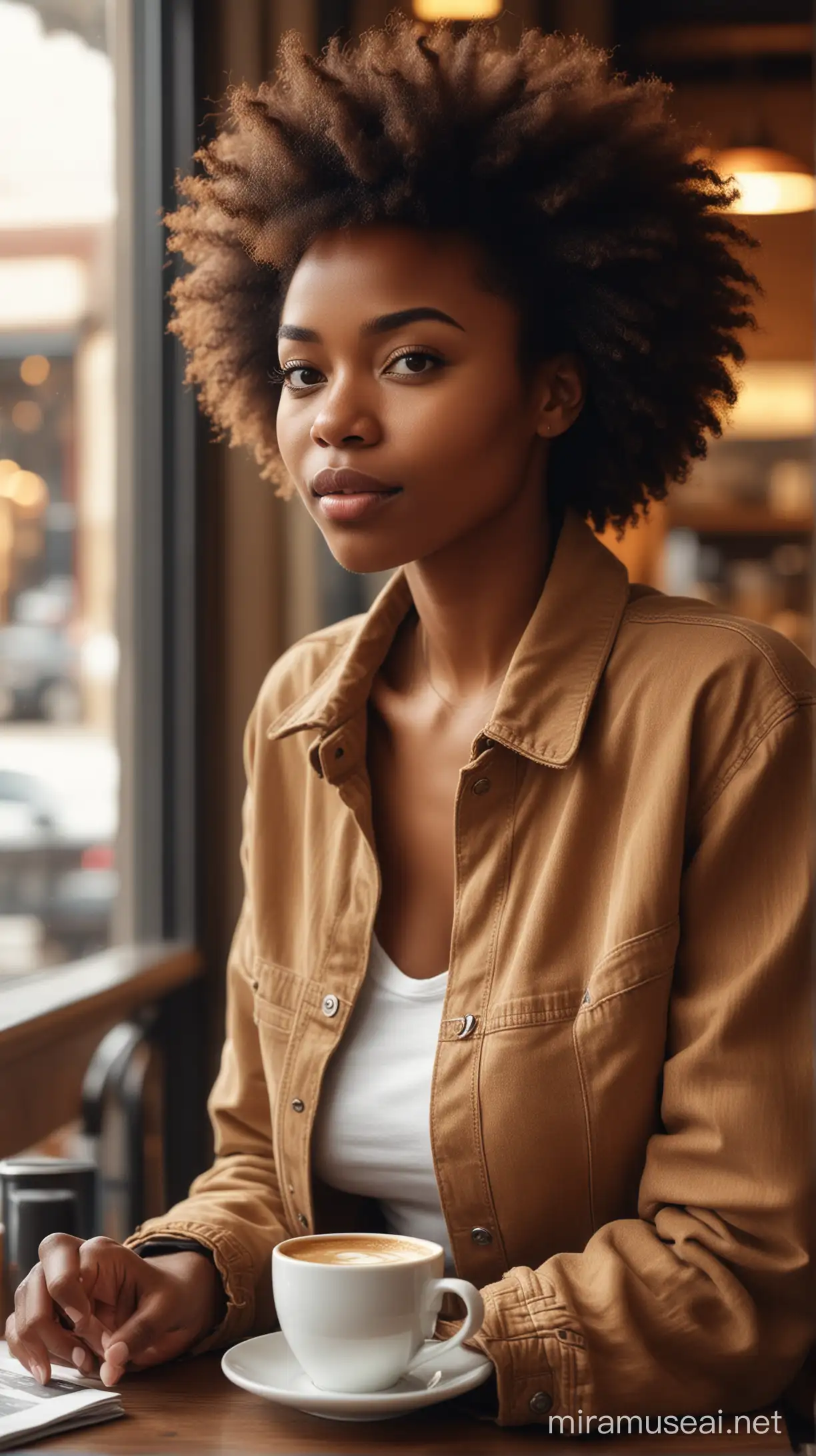 real life like human image darker skin afro african american lady in bustling well lit coffee shop, across from a friend near windows, in a brown jean jacket, empathetic expression, Ultra High Quality, Ultra HD, 8K, Vivid Brushstrokes