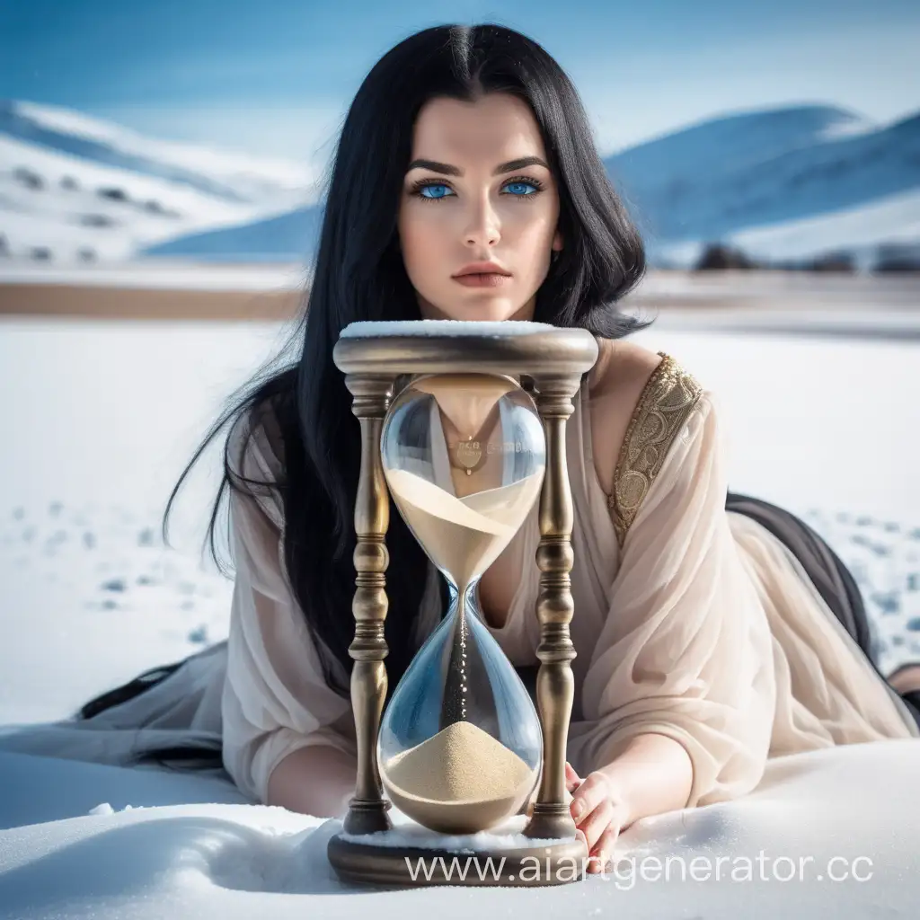 Elegant-30YearOld-Woman-with-Antique-Hourglass-in-Snowy-Landscape