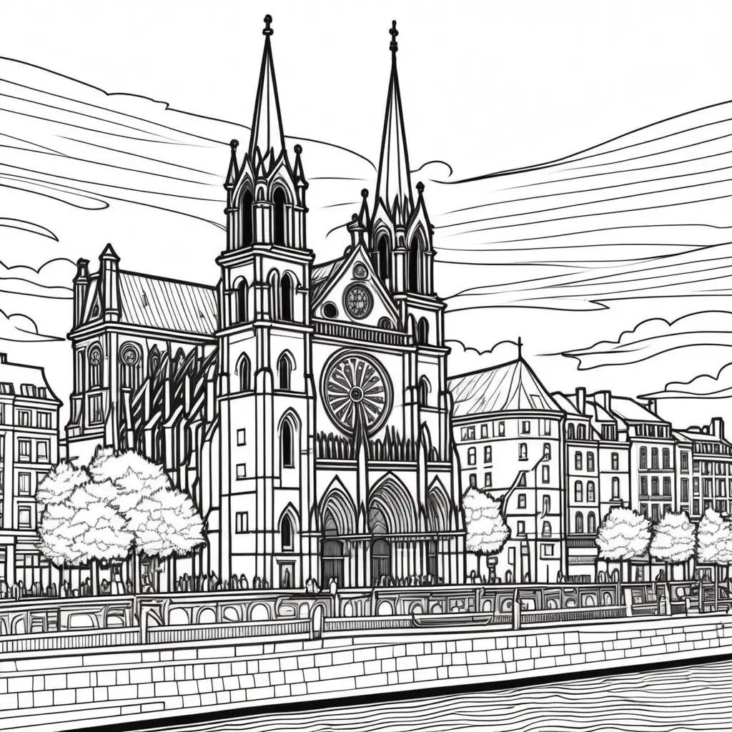 Charming Adult Coloring Page Old Port and NotreDame Basilica Line Art