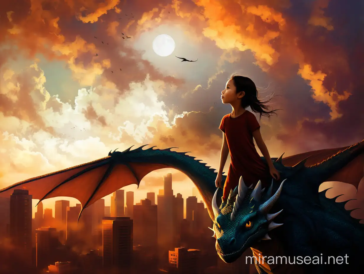 a girl, a dragon is flying in the sky above a modern city, style by Andy Kehoe