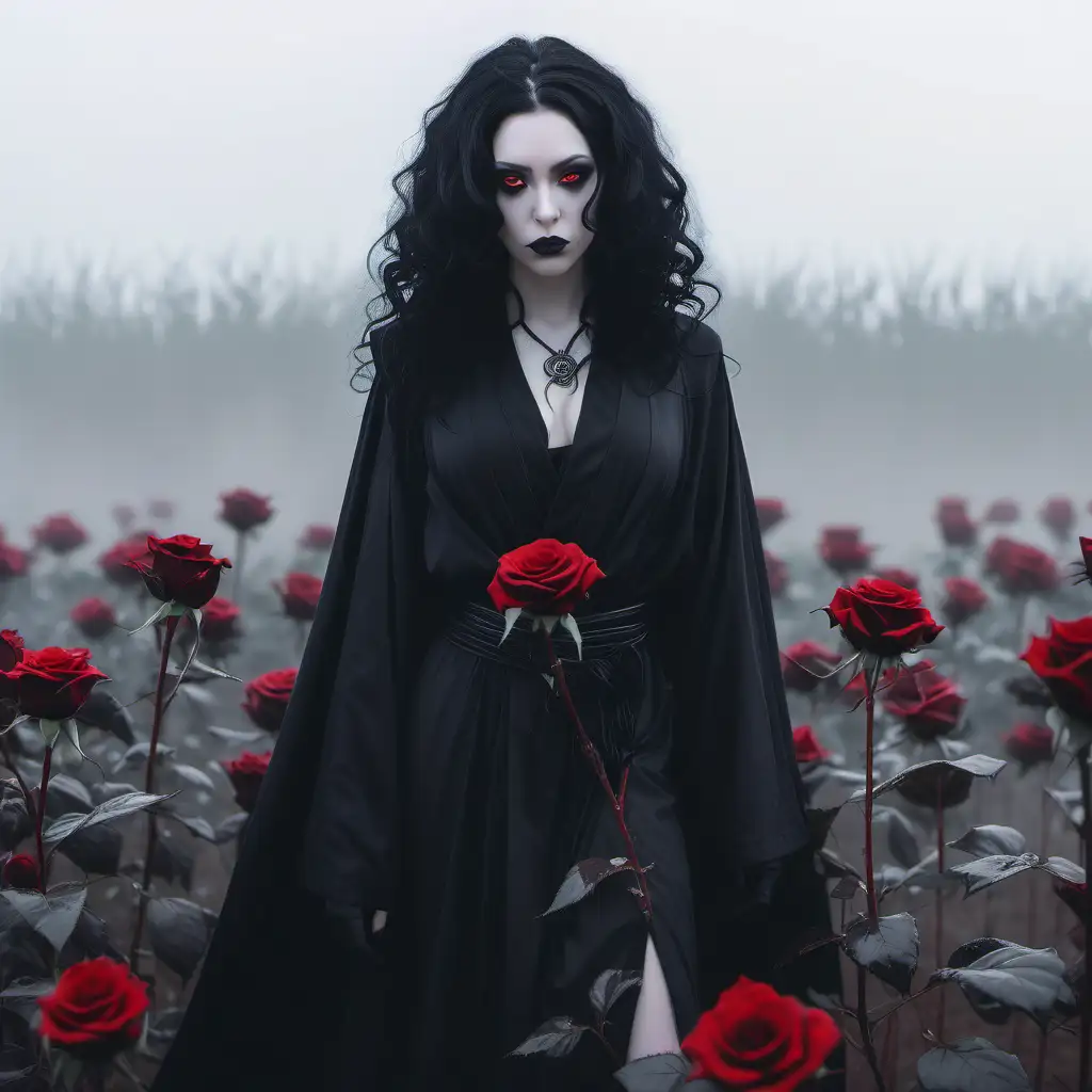 Black haired african american woman in black robes. goth, female, pale skin, long curly black hair, jedi, black makeup, streaking mascara, black jedi robes, black roses in her hair, saddened, standing in a foggy field of black roses, fantasy, no one in the background. Anime. Red eyes