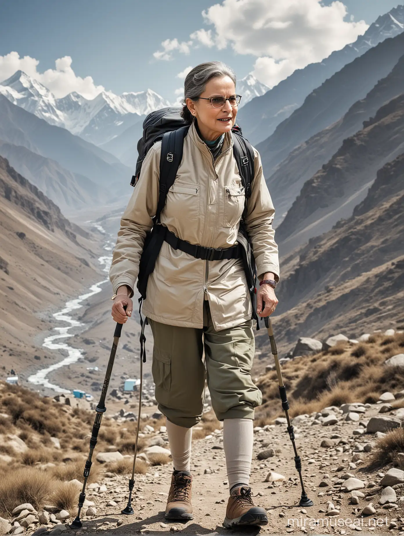 Create a realistic AI image of the 77 years old sonia gandhi going for trekking in the Himalayas. Show the sonia gandhi dressed in trekking attire, wearing a backpack and carrying a trekking pole. Include a water bottle hanging from the backpack, indicating preparedness for the trek. Capture the majestic Himalayan landscape in the background, emphasizing the adventurous spirit and love for nature