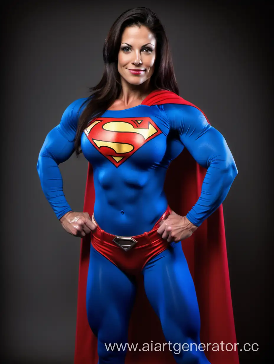 A pretty woman with dark hair, age 32, She is happy and muscular. She has the physique of a champion bodybuilder. Her muscles are huge and overdeveloped. She is wearing a Superman costume with (blue leggings), (long blue sleeves), red briefs, red boots, and a long cape. The symbol on her chest has no black outlines. She is posed like a bodybuilder, flexing her muscles. Strong and powerful.