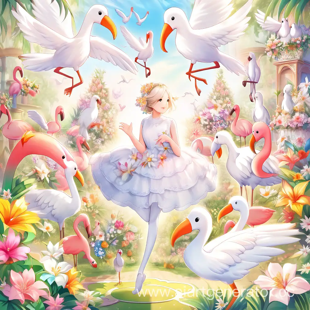Adorable-White-Kitten-Amidst-Vibrant-Blooms-with-Flying-Cockatoos-and-Flamingos