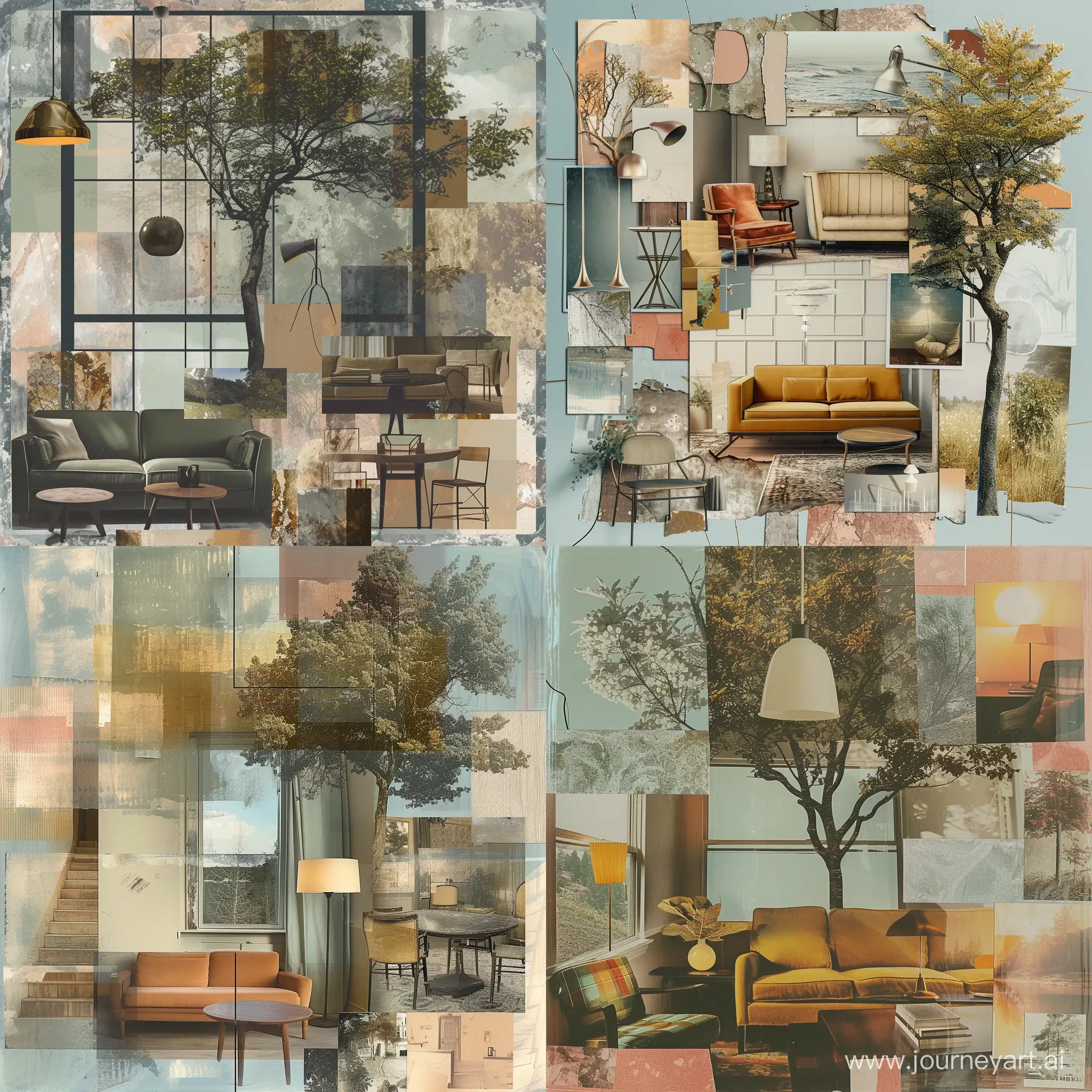 a collage of photos with a couch, table, and other items in it, including a lamp, a chair, a table, a lamp, a couch, and a tree, a digital rendering, muted colours, Annabel Kidston, art informel