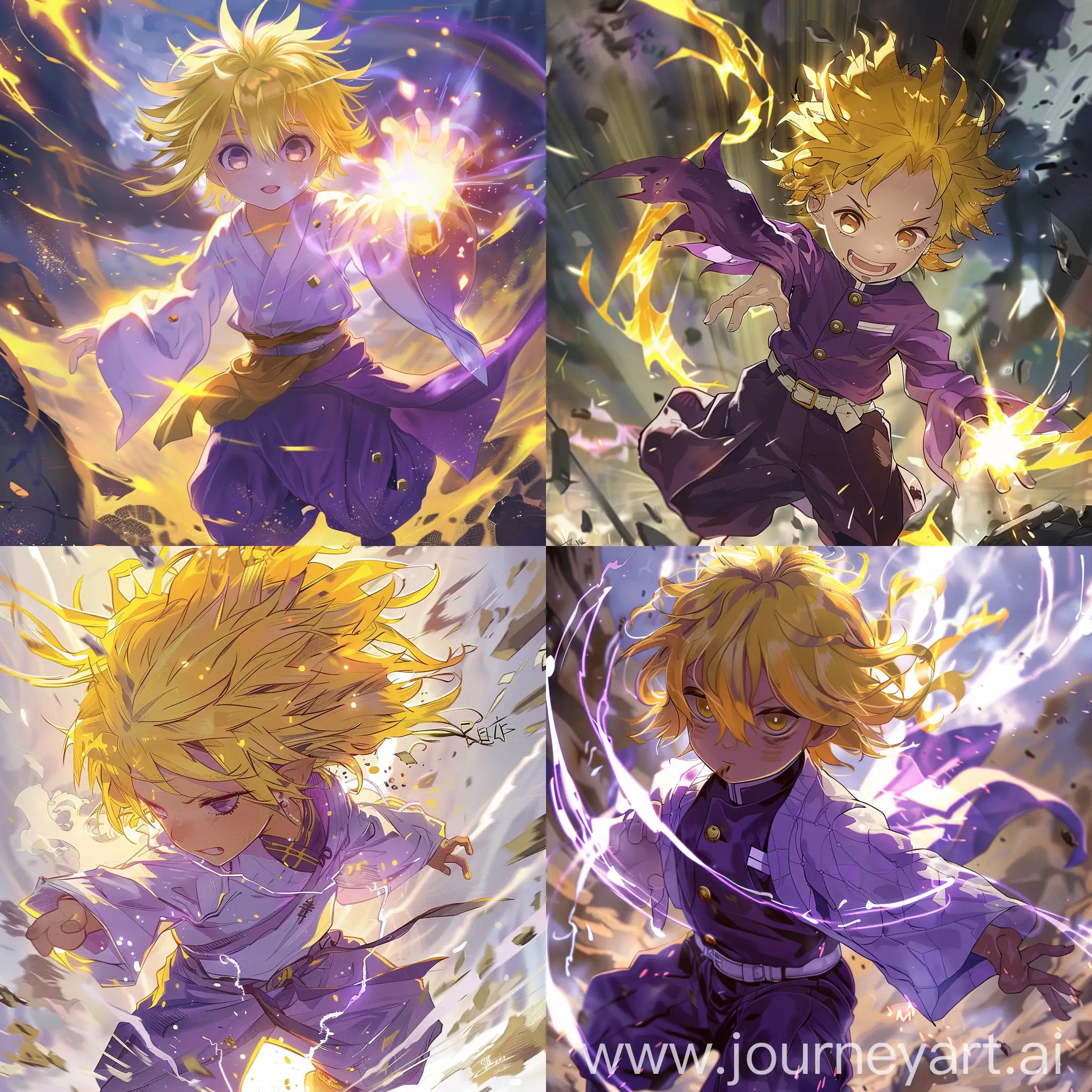 An anime style powerful transformation of a light child, with yellow hair and purple clothes, from a fantasy novel.