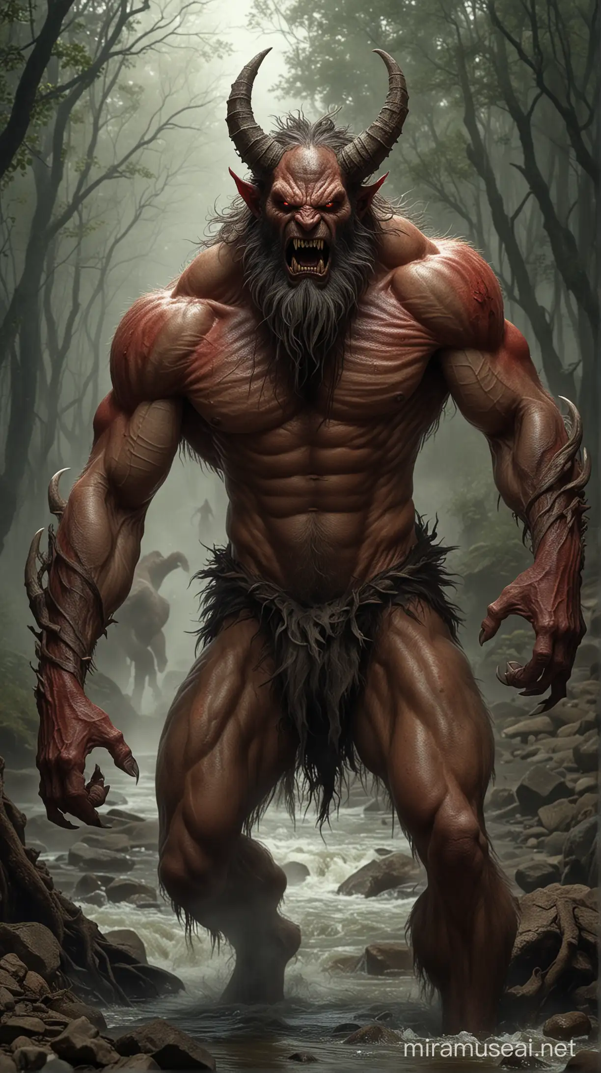 Muscle Man Battles Monster with Glowing Eyes by the Riverbank