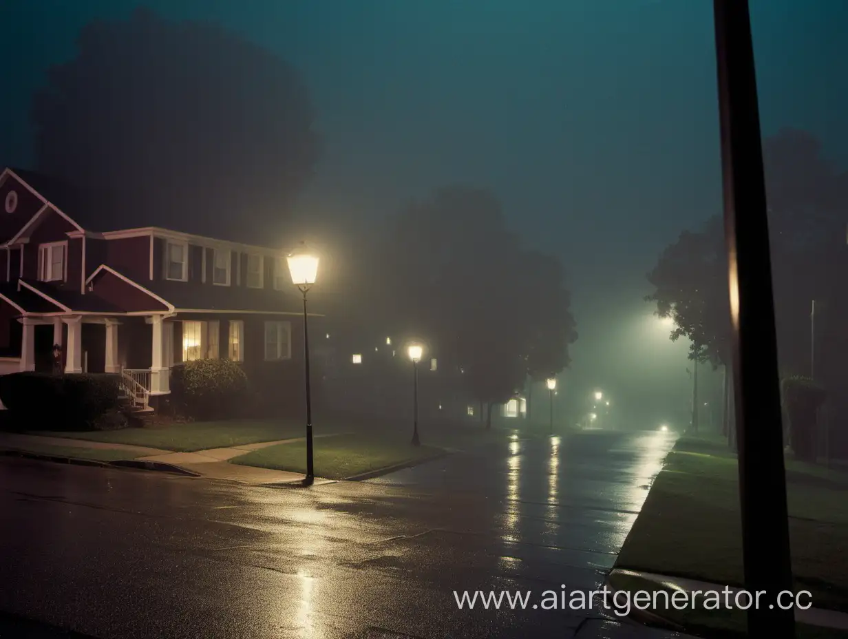 It's night, it's raining lightly. The street is illuminated by a flickering lamppost. On the right you can see a house from the 80s of America.